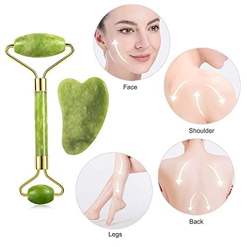 KILO COOL HVAC Jade Roller and Gua Sha Set for Beautiful Skin Detox - Facial Body Eyes Neck Massager Tool Reduce Wrinkles Aging - Original Natural Jade Stone