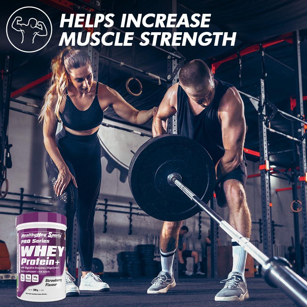HealthyHey Sports HealthyHey Sports Whey Protein Concentrate - Helps in Muscle Synthesis (Strawberry, 500gm)
