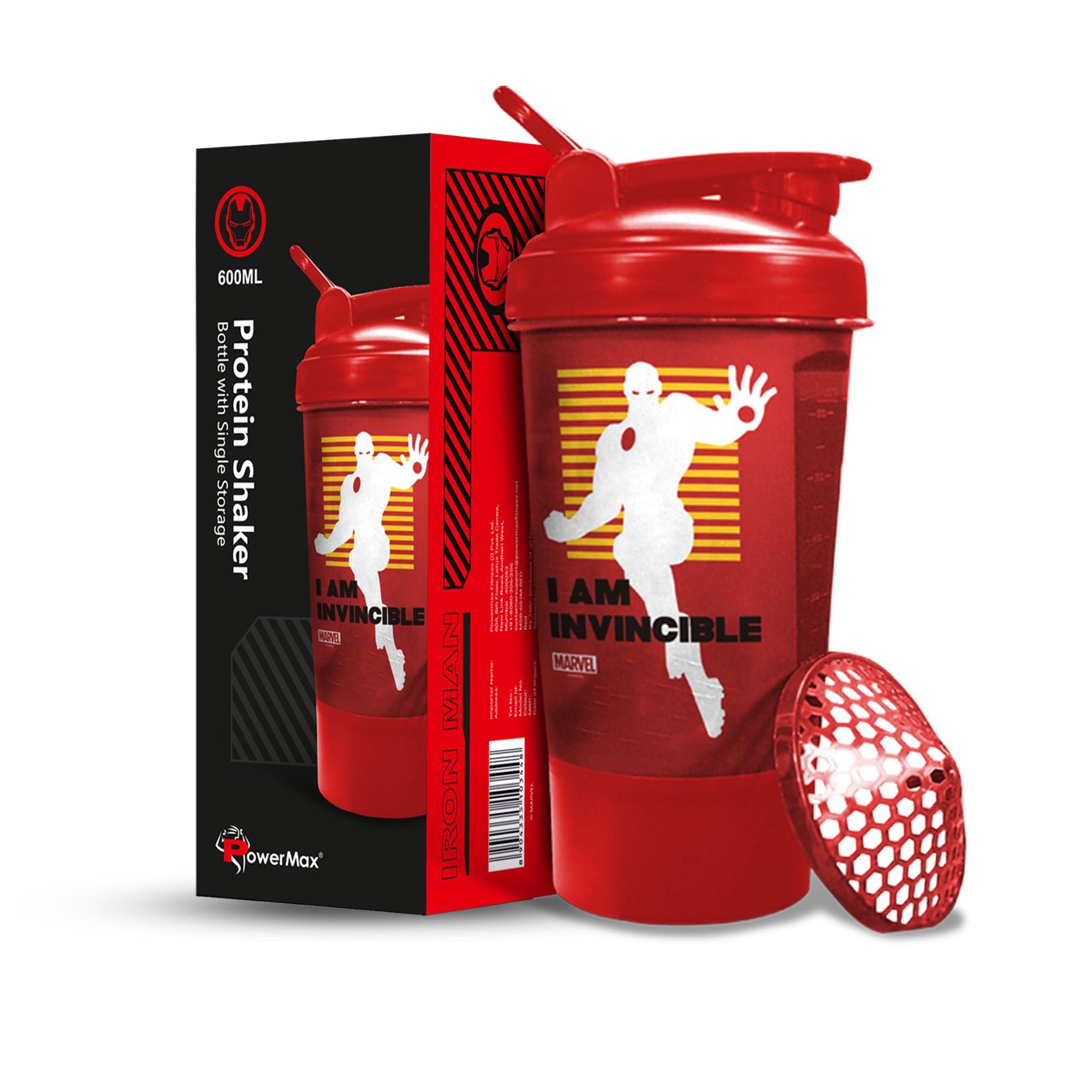PowerMax Fitness PowerMax Fitness X Marvel MSB-6S Iron Man Marvel Edition Shaker Bottle 600ml, 100% Leakproof Guarantee Sipper Bottle Ideal for Protein, Pre-Workout & BCAAS, BPA Free, Plastic (Red, Pack of 1)