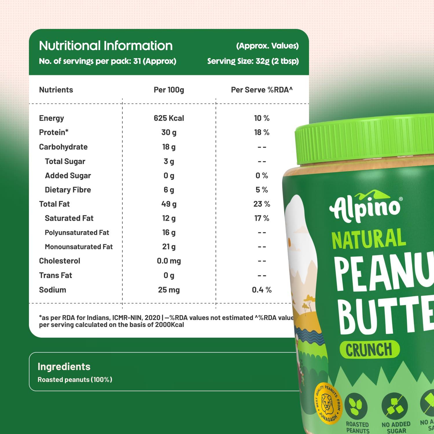 Alpino ALPINO Natural Peanut Butter Crunch 2kg - 100% Roasted Peanuts - 30g Protein, No Added Sugar & Salt, Gluten Free Plant Based, Unsweetened Peanut Butter Crunchy - 1kg, Pack of 2