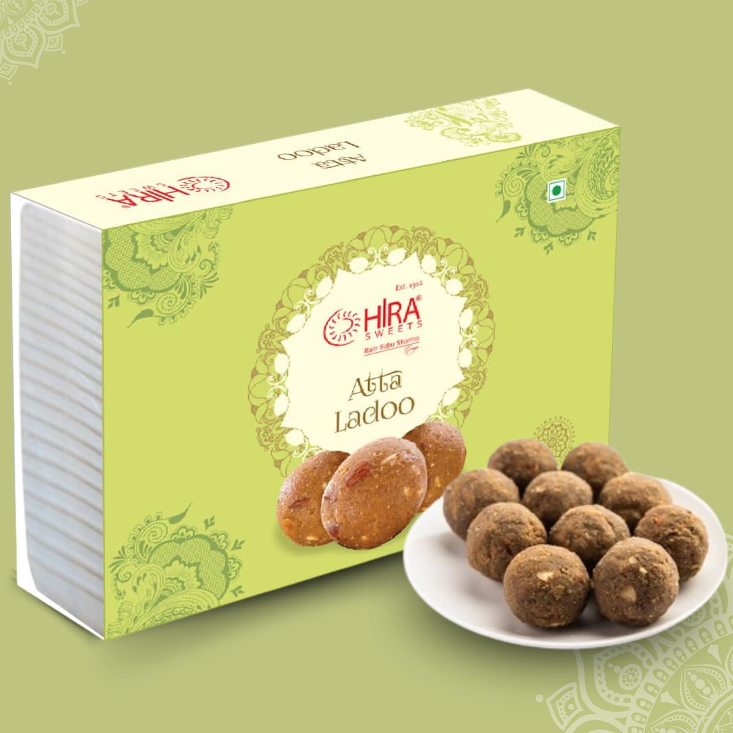 HIRA SWEETS HIRA SWEETS Atta Ladoo 500 g | Made with Pure Desi Ghee | Atta Laddu | Handcrafted Indian Traditional Sweets | Indian Mithai | No Added Colours or Flavors | Festival Indian Sweets Box