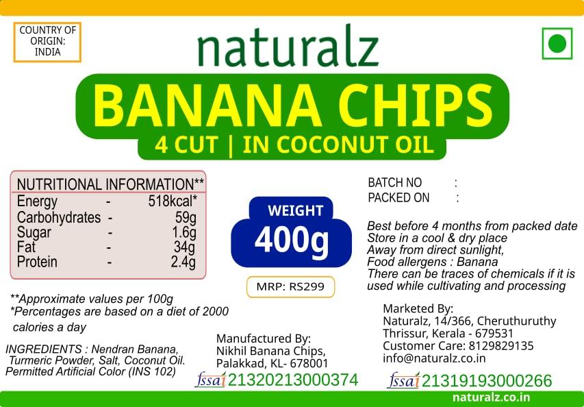 Naturalz Naturalz Kerala 4 Cut Banana Chips Made In Coconut Oil - 400 Gm