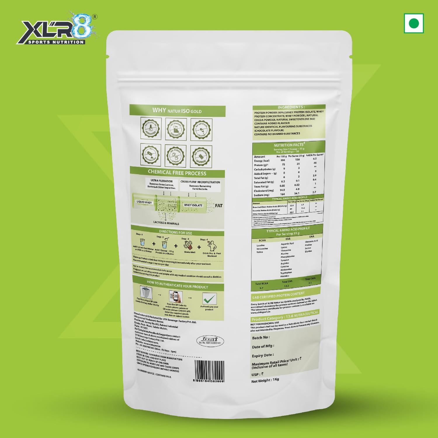 XLR8 XLR8 Natur Iso Gold Whey Protein Isolate, 25g Protein, 5.7g BCAA, Sweetened with Stevia, VEGETARIAN, ZERO SUGAR, Muscle Support and Recovery (1 Kg (Pack of 1), Chocolate)