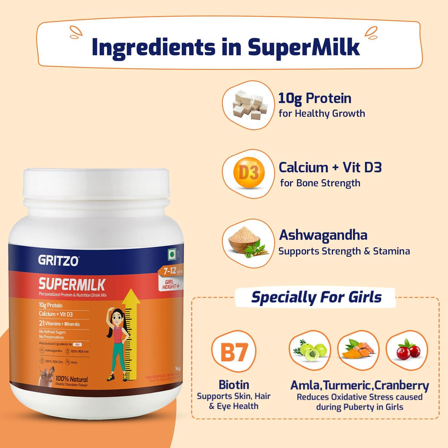Gritzo Gritzo SuperMilk Height+ (7-12y Girls), 10g Protein Powder (Double Chocolate, 1kg) | Zero Refined Sugar, 21 Vitamins & Minerals
