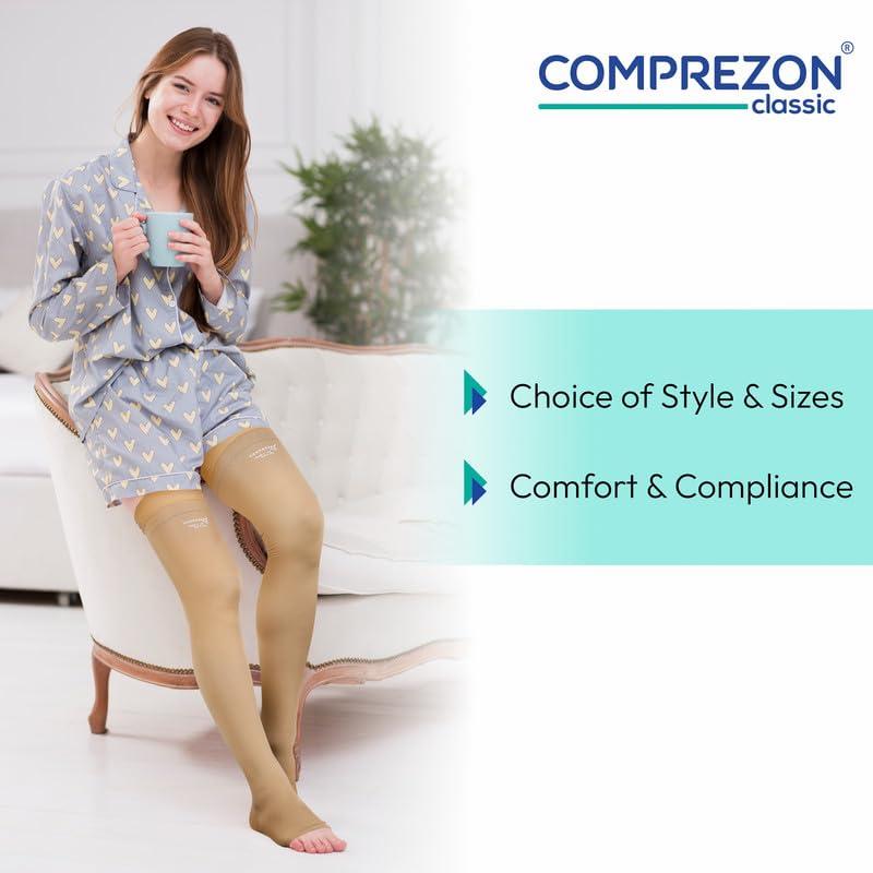 Comprezon Comprezon Classic Lycra Medical Compression Stockings | Class 2 Compression | Above Knee Length | Pain Relief & Swelling Reduction | Compression Socks for Men and Women | Varicose Veins Stockings (Small)