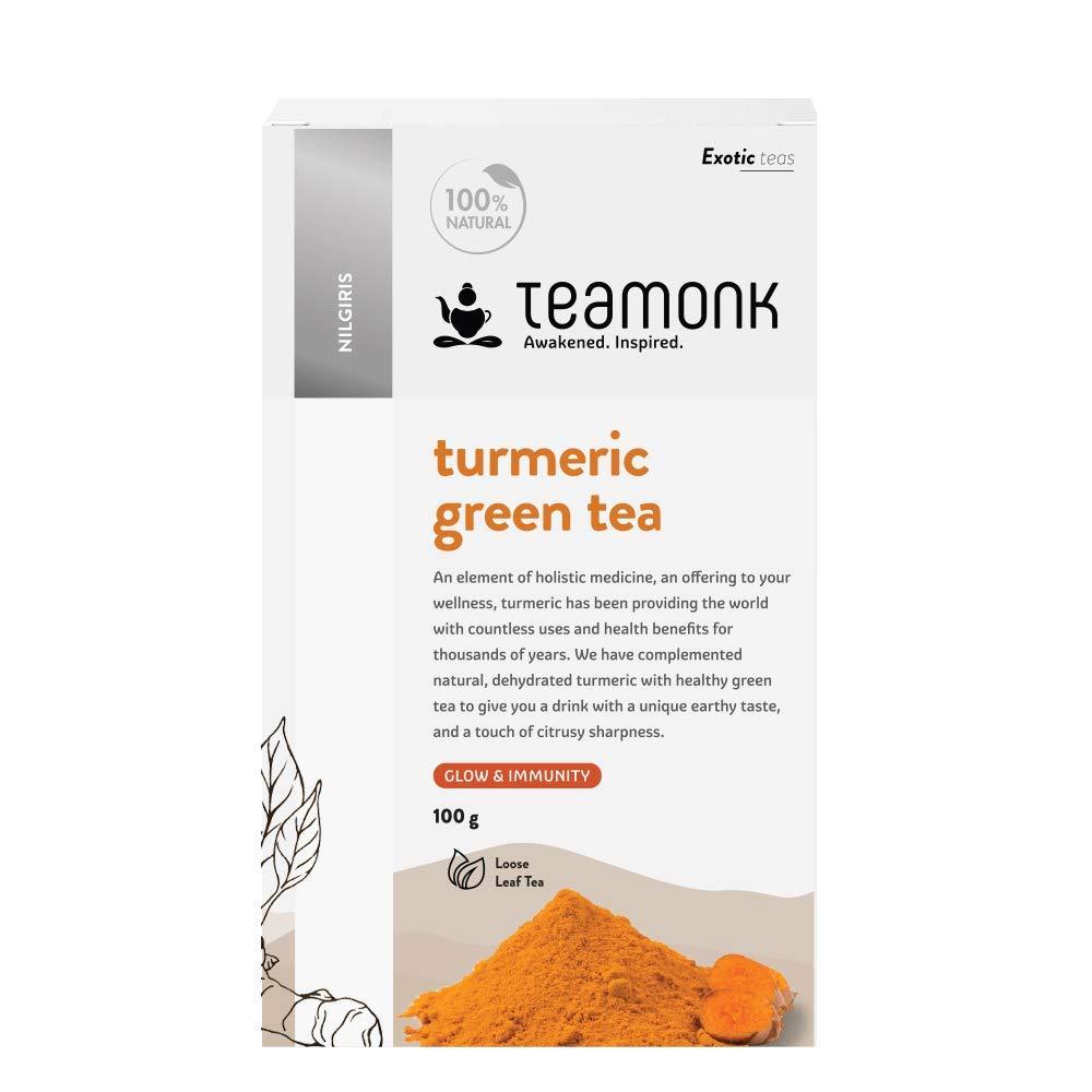 Teamonk Teamonk High Mountain Turmeric Green Tea Leaves (50 Cups) - 100 g Bag. Acts as Immunity Booster and Aids Digestion. Whole Loose Leaf (No Powder).