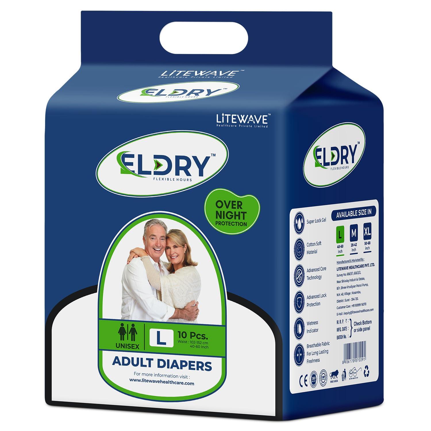 ELDRY Eldry Adult Diaper, Tape Style, Large (L) Size, 60 Count, Unisex, Waist Size (40-60 Inch | 102-152 cm), Super Absorbent Core, Wetness Indicator, Overnight Protection, Pack of 6
