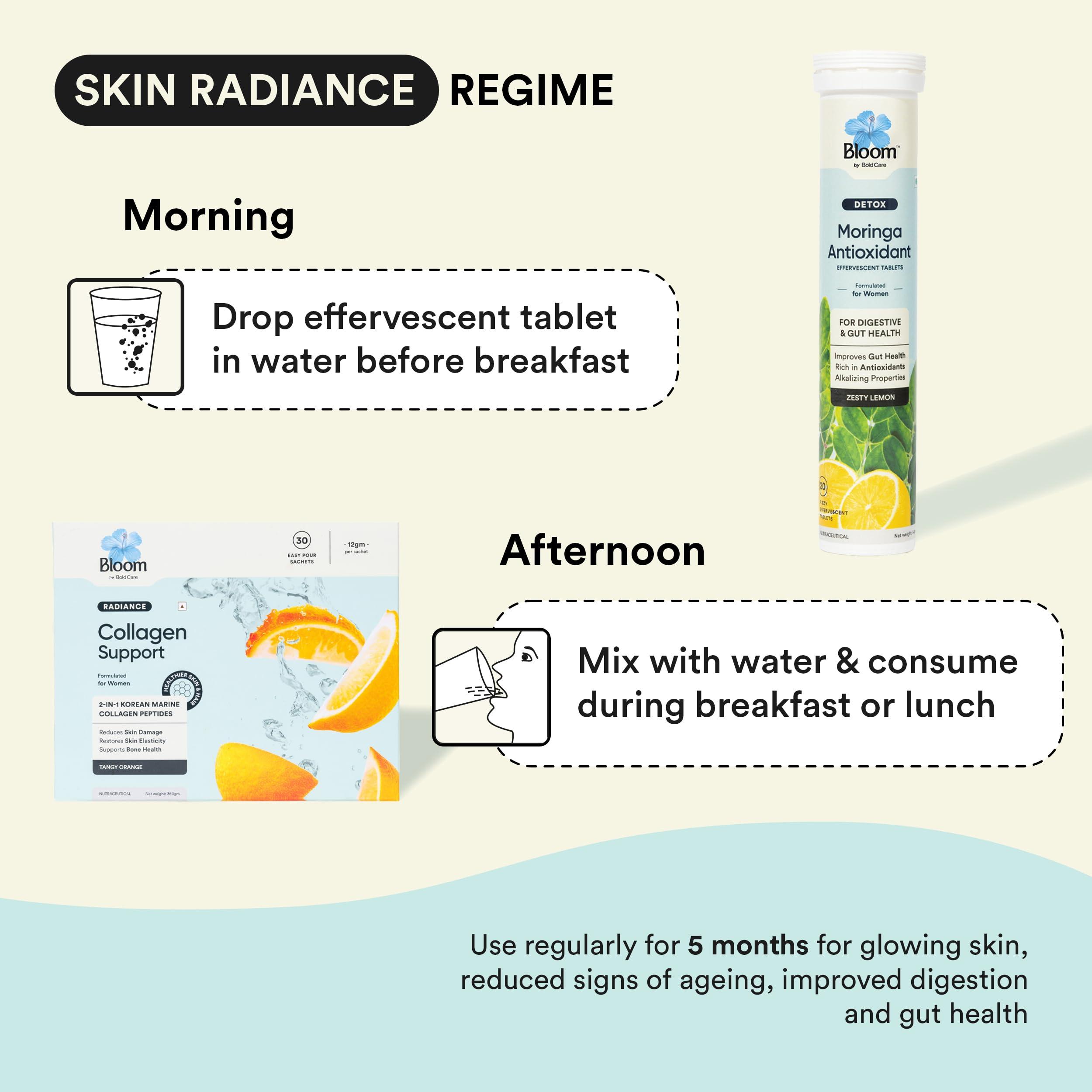 Bloom by Boldcare Bloom Moringa Antioxidants & Collagen+Antioxidants Combo | 20 Effervescent Tablets+30 Easy Pour Sachets | For Improved Digestion, Skin & Hair Health | Manages Inflammation & Wrinkles