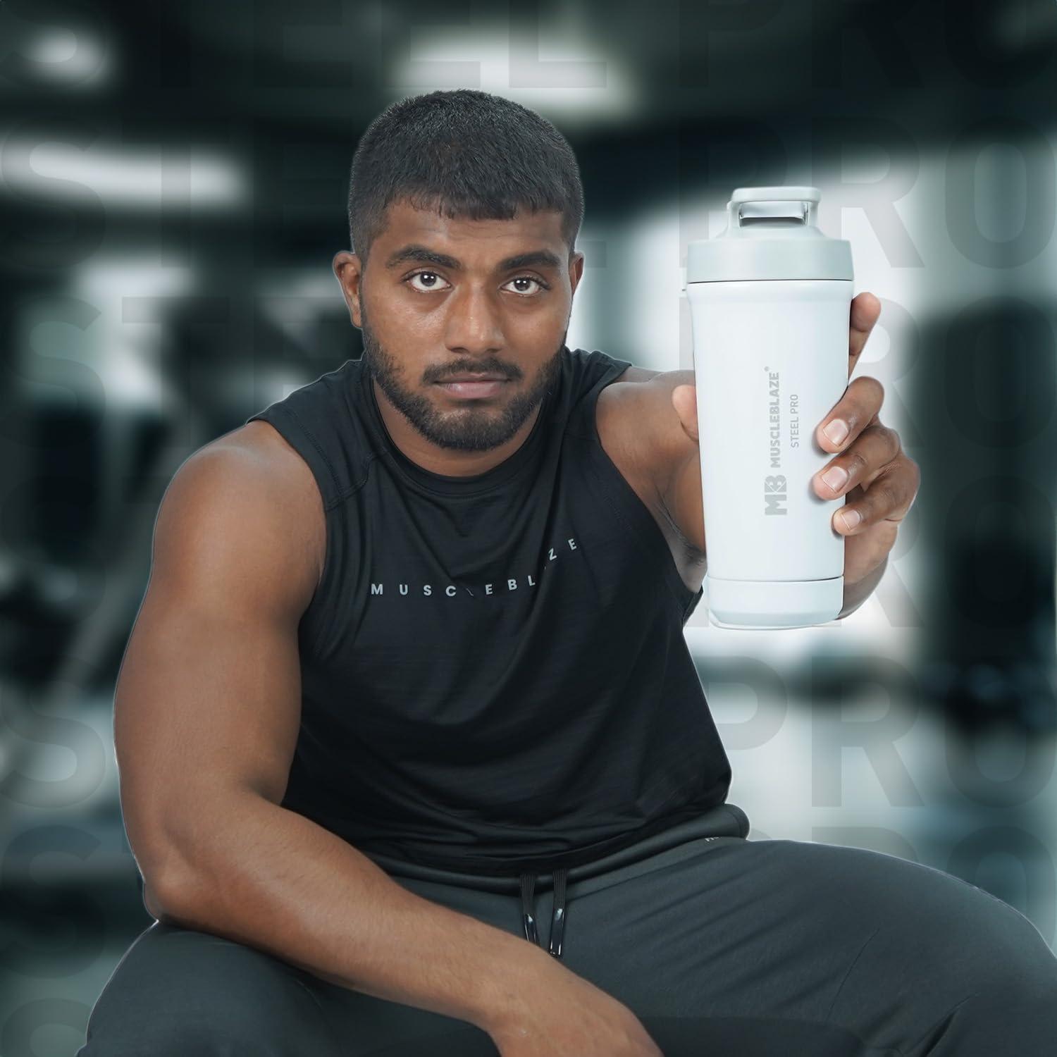 MuscleBlaze MuscleBlaze Steel Pro Shaker 700 ml with Steel Whisk, Leakproof Gym Shaker Bottle for Supplements, Pristine White