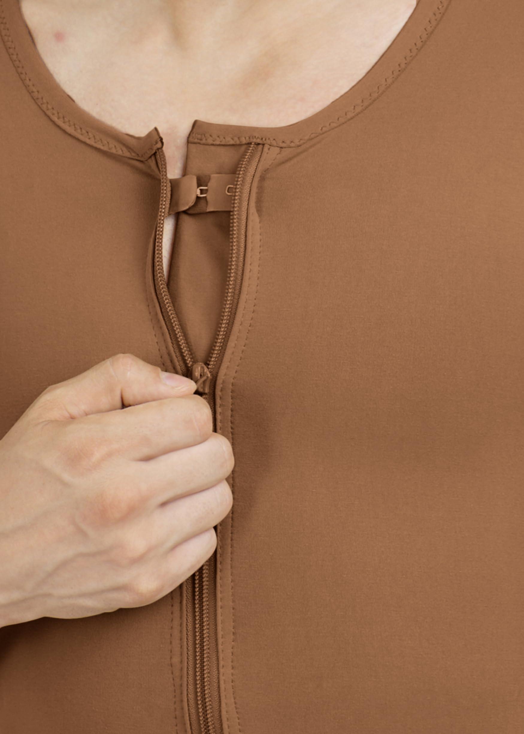 Dermapress Gynecomastia Compression Vest with Short Sleeve| HIGH Compression| Front Zip and Hook Closer| Tomboy Chest Binder| Chest, Abdomen & Back Support for Men| (Brown, M)