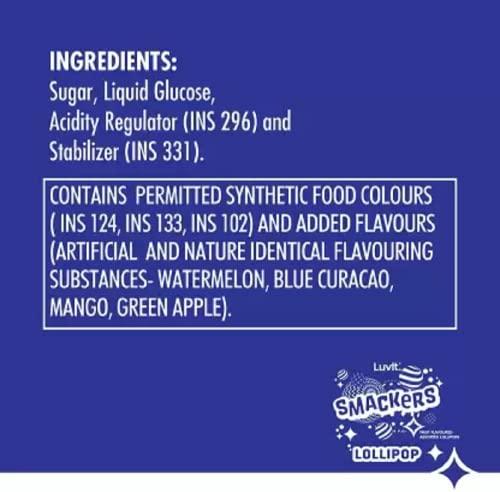 LuvIt. LuvIt Smackers Fruit Flavoured Lollipops 4 exciting Flavours for Kids Mango, Blue Lemonade, Green Apple, Watermelon Lollipop (480 g)