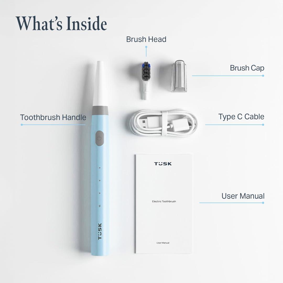 TSK Tusk Smart Electric Toothbrush for Adults & Kids, 3 Modes Rechargeable Sonic Brush with 30 Days Battery, Soft Bristles, Waterproof Design, C-Type Charging, Timer for Efficient Cleaning (Sky, Blue)