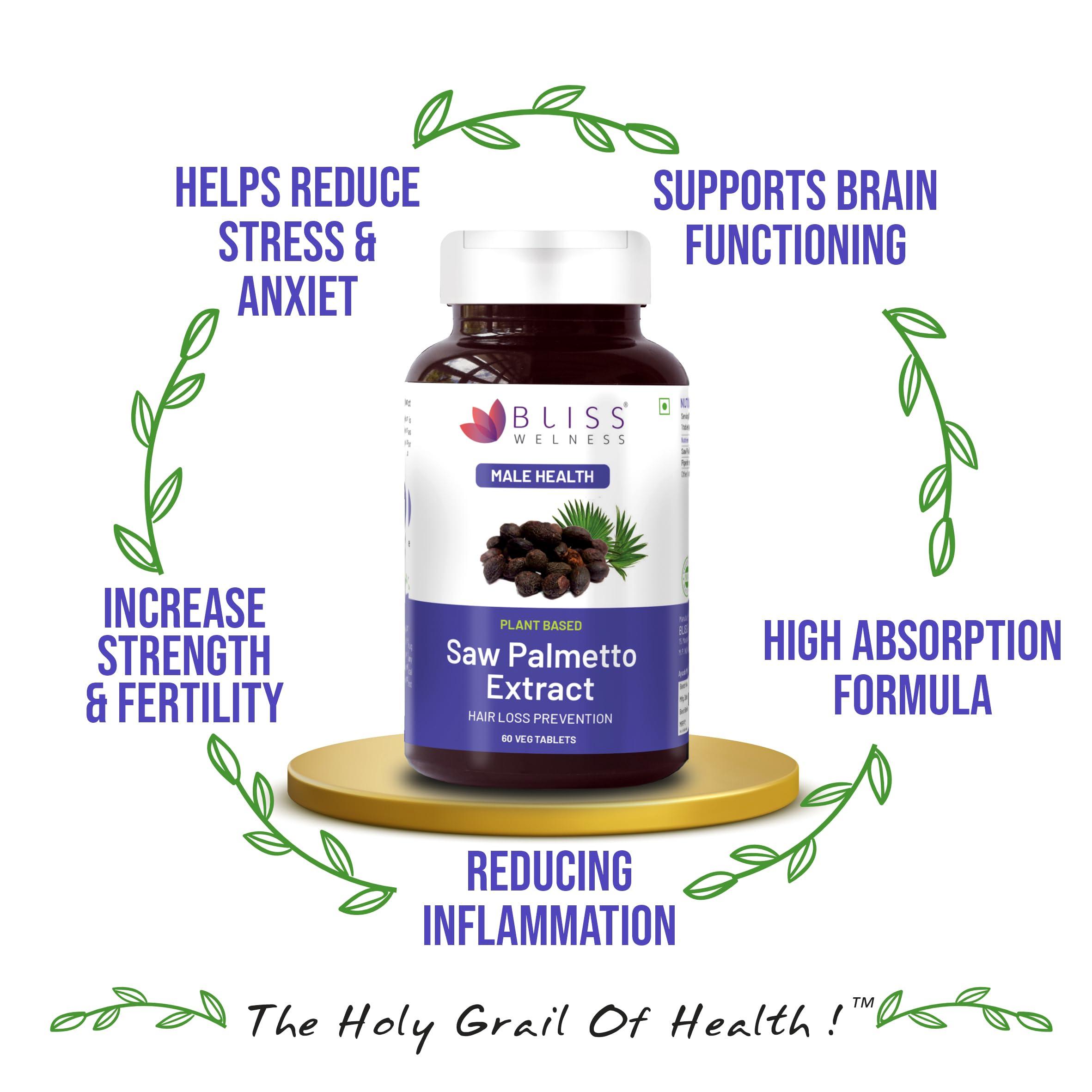 Bliss Welness Bliss Welness Saw Palmetto Extract 800 MG | Hair Growth Prostate Health Support Urinary Tract Function Prevent Hair Fall Ayurvedic DHT Blocker Health Supplement - 60 Vegetarian Tablets