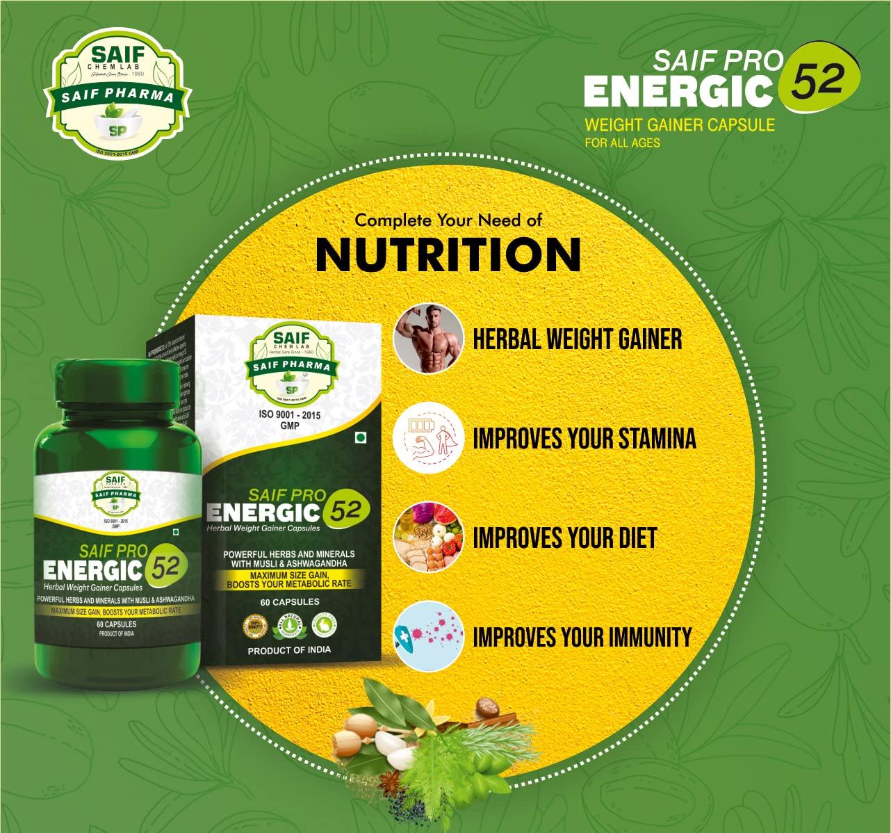 PLEASURE HUNT PLEASURE HUNT Saif Pro Energic 52 Herbal Weight Gainer Capsule For Fast Weight & Muscle Gain, Daily Muscle Building, Supplement For Muscle Growth, Stamina & Strength, For Men & Women - 60 Cap