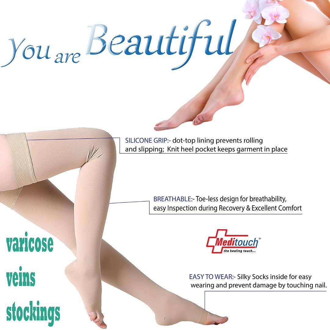 Meditouch MediTouch™ Varicose veins Stockings for Women Men- Optimum Compression Stocks Improve Circulation Recommended by Dr. for Pain relief -Open Toe- Pair (THIGH LENGTH, Small)