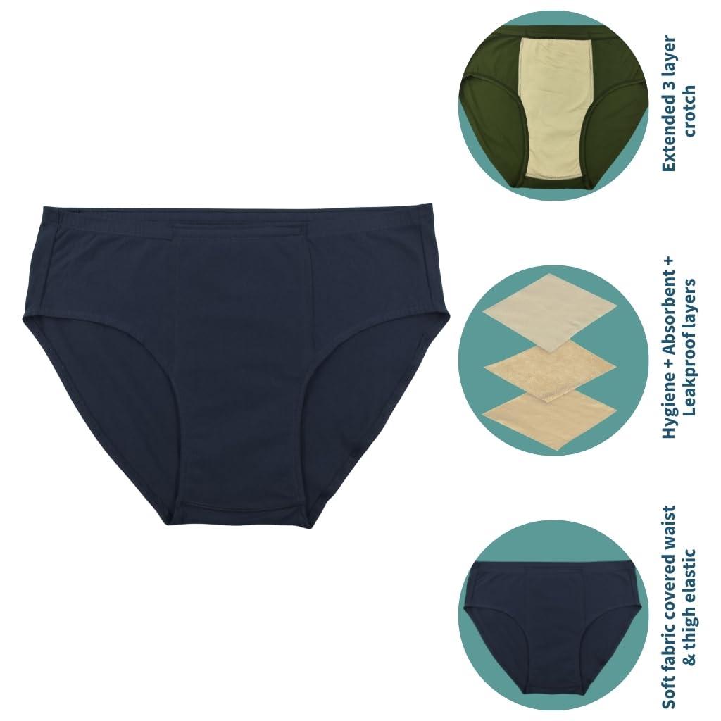 Pristine Life Pristine Life | Incontinence Underwear For Men | Wash & Reuse | Absorbs Light Urine Leaks | Anti Bacterial, Hygienic & Leakproof | Comfy Cotton | Pack Of 2 | Navy Blue & White | 6XL