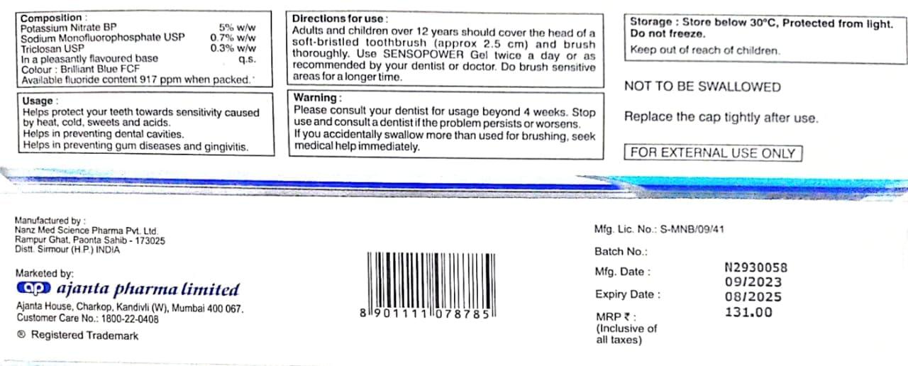 Generic Sensopower Toothpaste Potassium Nitrate Sodium Monofluorophosphate & Triclosan 100 gram gel. Relief from the Pain of Sensitive Teeth