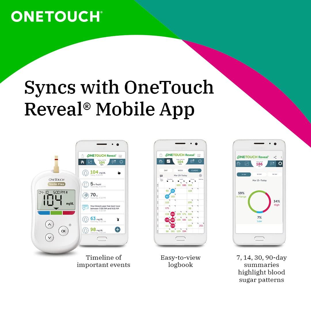 OneTouch OneTouch Verio Flex glucometer with 50 Test Strips | Sync your results with OneTouch Reveal mobile app| Simple & accurate testing of blood sugar | Includes 10 Sterile Lancets + 1 Lancing device