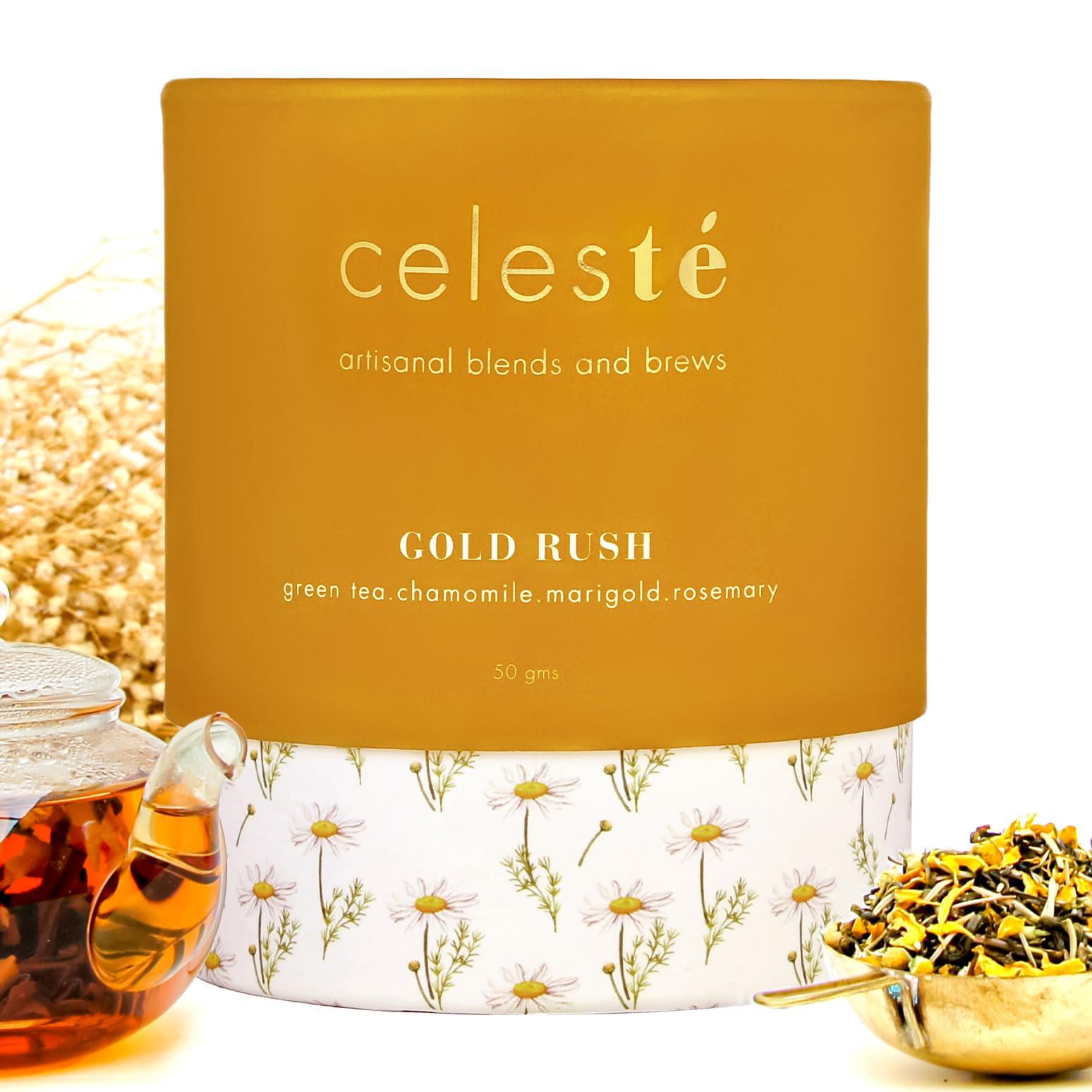 Celeste Celeste Green Tea GOLD RUSH  Premium Whole Leaf, 100% Natural Ingredients Chamomile, Marigold, Rosemary and Green Tea, 50gm - 20 Cups