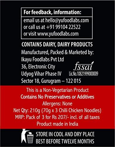 Yu Foodlabs Yu Foodlabs Cup Noodles - Chilli Chicken Spicy Non Veg Ramen Noodles - Pack of 3 - No Preservatives - Instant Food - 100% Natural - Ready to Eat Saucy Instant Noodles - 675 grams