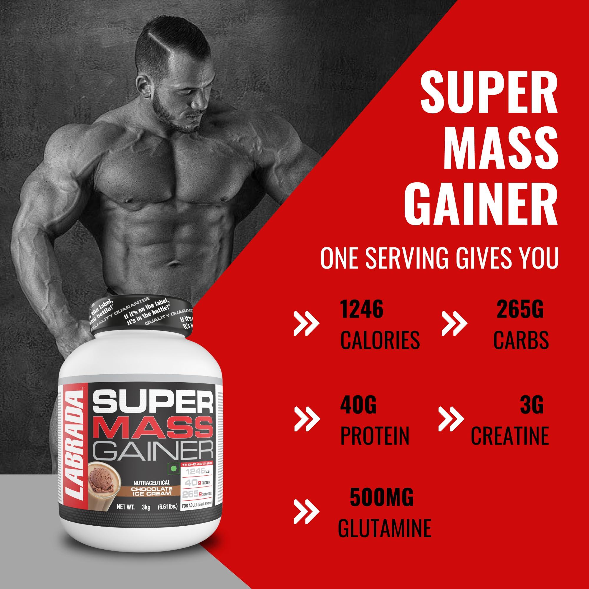 Labrada Labrada Super Mass Gainer 3kg | High-Calorie Protein Powder for Muscle Growth & Recovery |1246 Calories | 40g Protein | 265g Carbs | Chocolate Ice Cream Flavor | 3g Creatine | 500mg Glutamine, 3000gm
