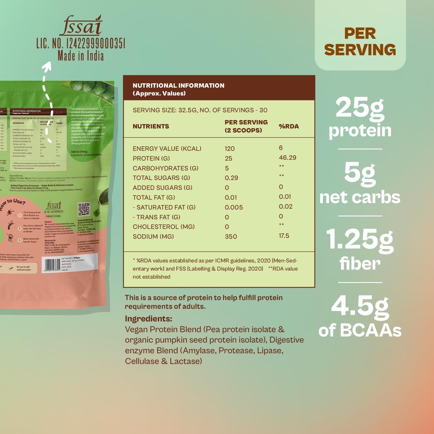 ORIGIN NUTRITION Origin Nutrition 100% Natural Plant Protein Powder (European Pea Protein Isolate & Pumpkin Seed Protein) Easy to Digest Unflavoured with 25g Plant Based Protein,975gm