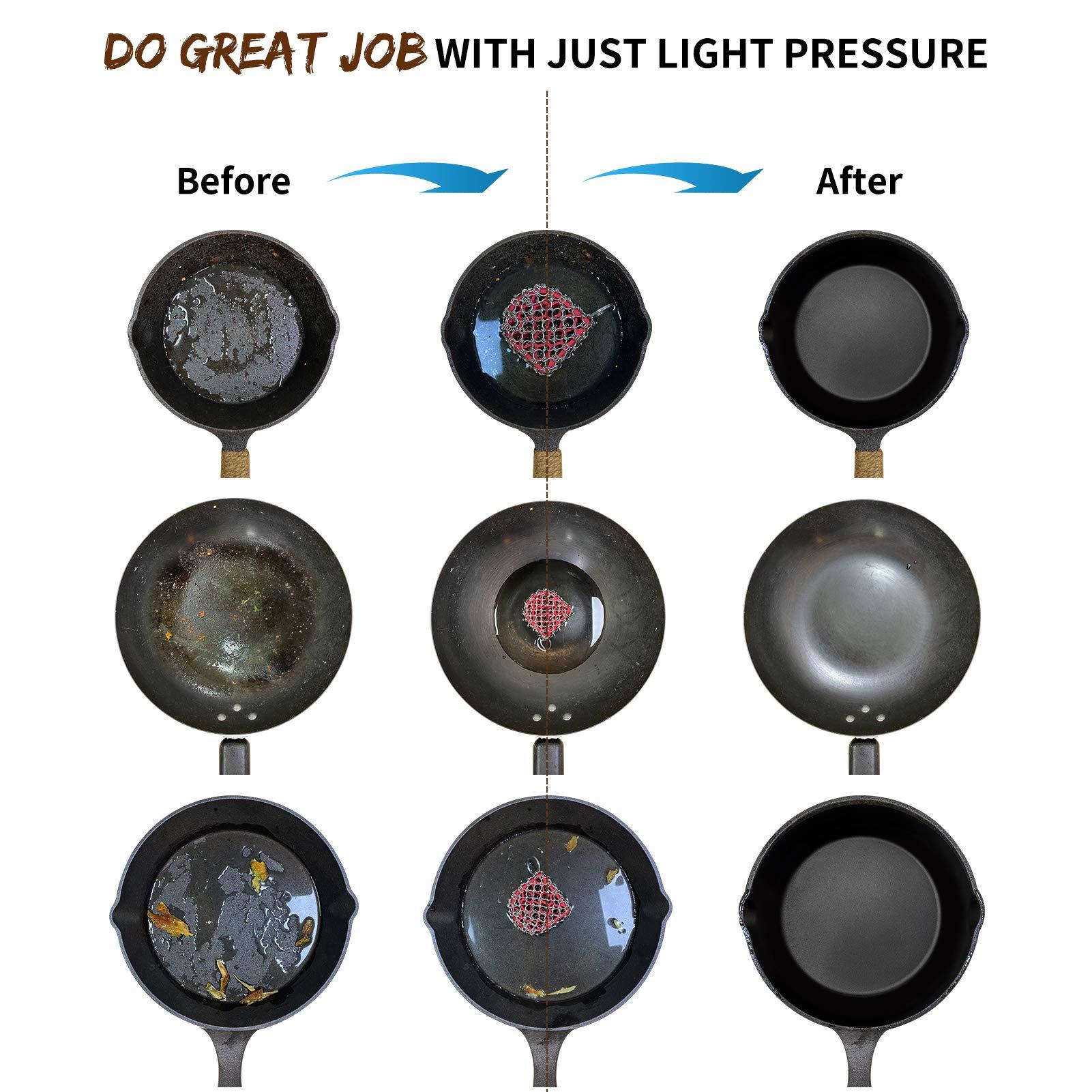 Herda Cast Iron Scrubber Skillet Cleaner 316 Chainmail Scrubber for Cast Iron Pan, Silicone Insert Light Weight Life Time Use Herda Chain Mail Metal Scrubber for Cleaning Steel Skillet, Wok, Carbon Steel