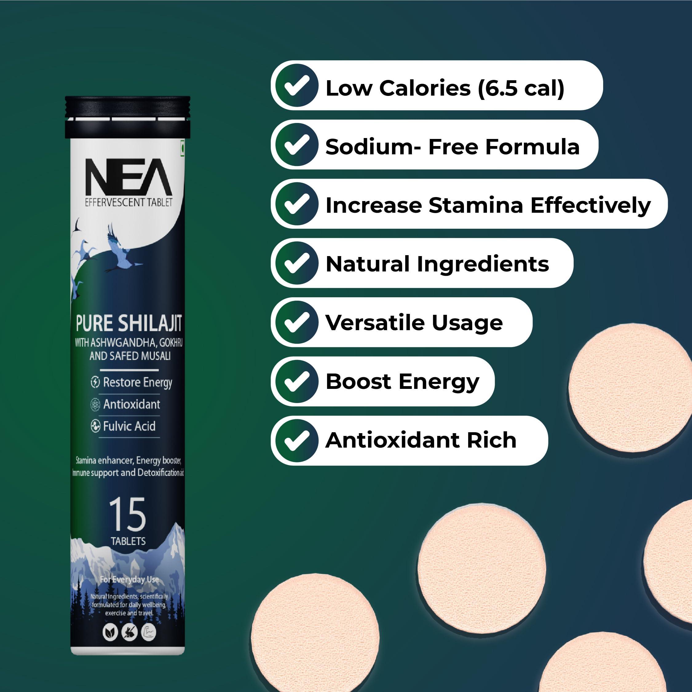 NEA Nea Ayurvedic Himalayan Shilajit Effervescent with Ashwagandha, Safed Musli & Gokhru | 15 Tablets per Bottle, 500mg Each