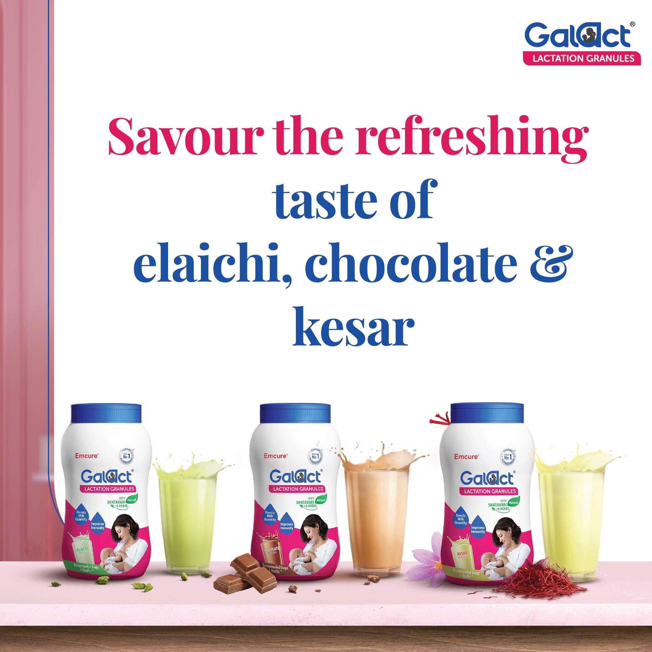Galact Emcure Galact Granules - Breast Feeding Supplement Increase Milk supply - Lactation Supplement - Elaichi,Kashmiri Kesar, Chocolate Flavor 200G Each