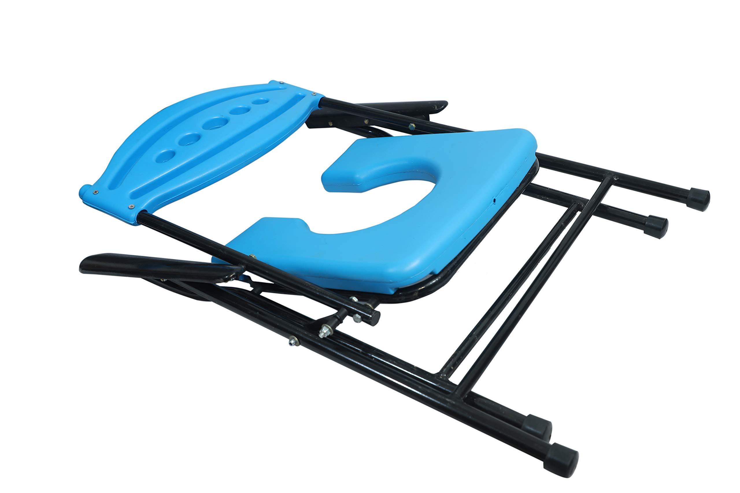 NavaFresh Basics UR care Folding Material High Strength Bathing Mobile Commode Chair Blue Color with Comfortable and Anti Skid Seat and Arm Rest With Pot