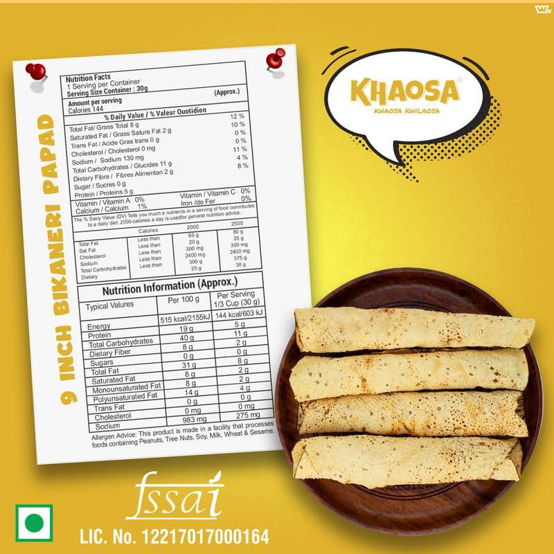 KHAOSA Khaosa Papad (9-inch) | 1.2Kg | Authentic Indian Gourmet Papad | Crunchy, Spicy and Black Pepper Mix Papad | Asafoetida & Wheat Flour Papad | Easy-to-Cook Homemade Delight | Bikaneri Papad