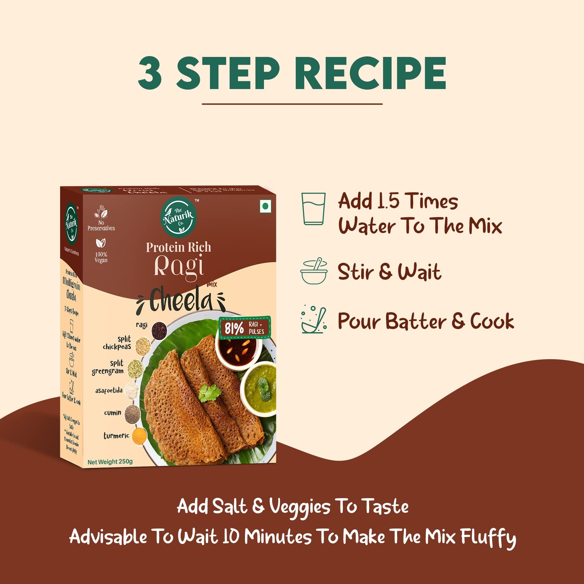 The Naturik Co The Naturik Co. Ragi Chilla Mix 250g (Pack of 4): Instant, Ready-to-Cook Cheela & Dosa Mix with 81% Ragi & Pulses, High-Protein Healthy Breakfast Option for Kids & Family.