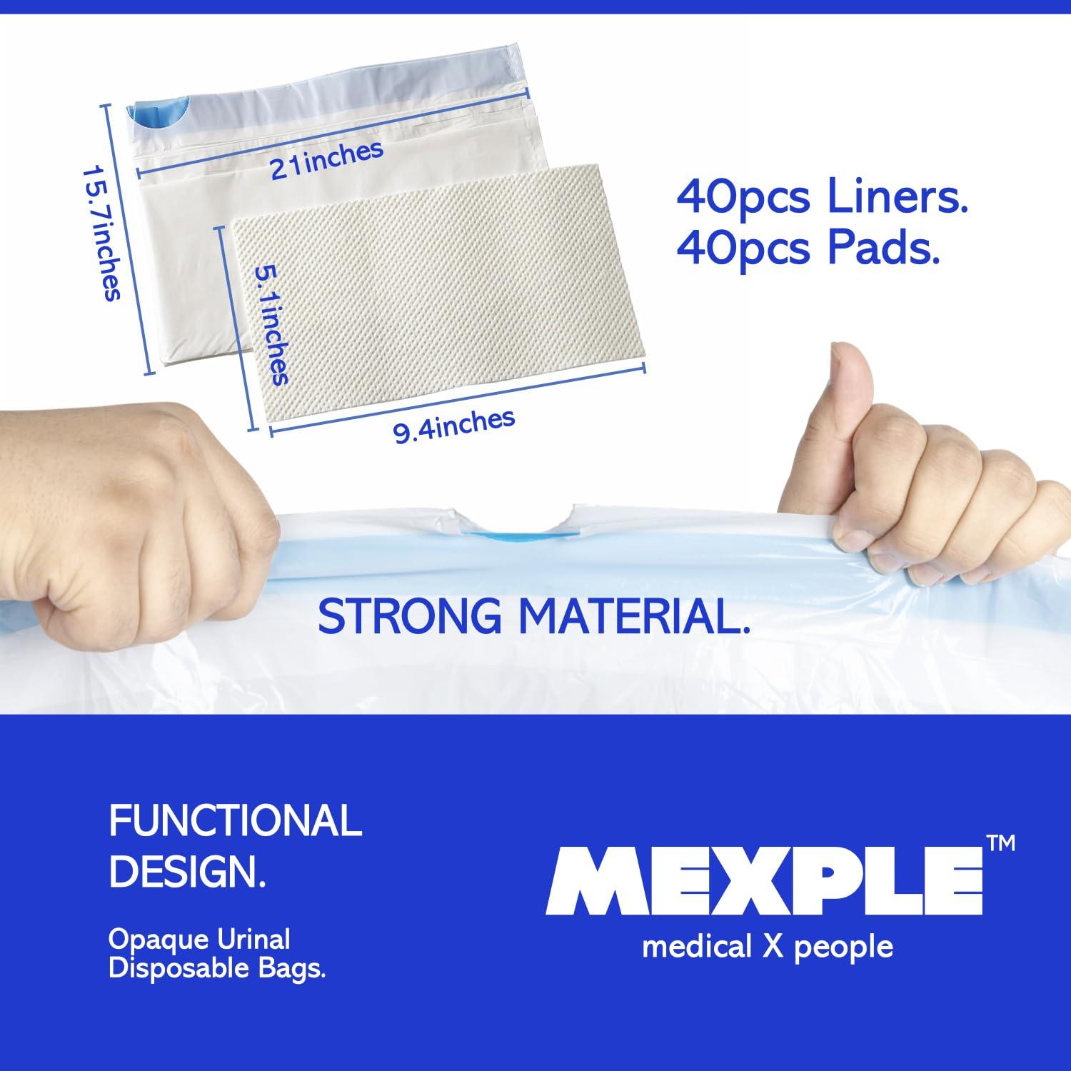 MEXPLE UroLiners Bedside Commode Liners for Toilet Chair Bucket and Bedpan with Super Absorbent Pads from MEXPLE | 40 Disposable Waste Bags, Universal Fit Portable Toilet Liners | (40Bags+40Pads)