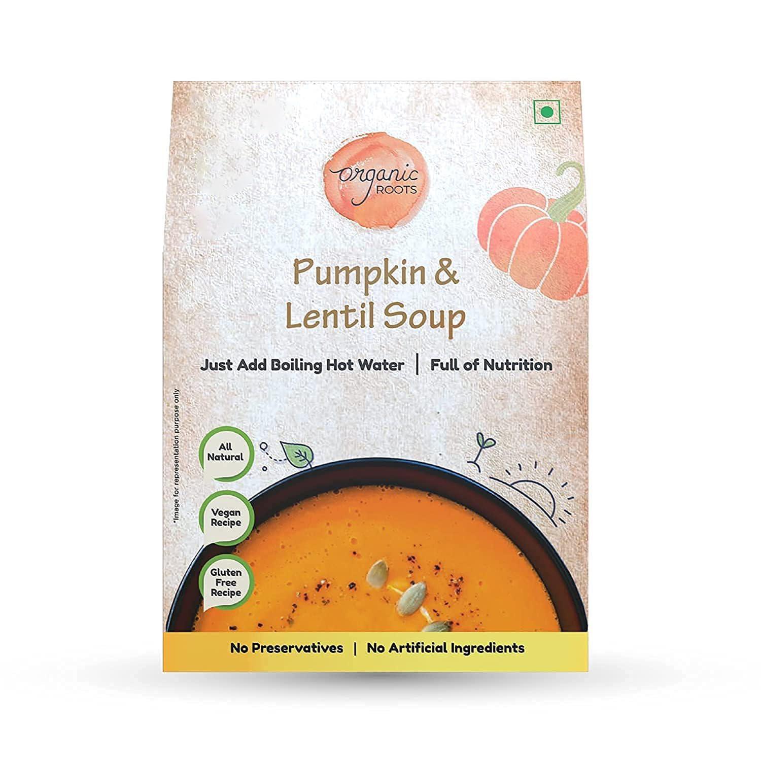 Organic Roots Indic Roots (Organic Roots) Pumpkin & Lentil Soup, Instant Soup Packets, Healthy Natural Ready To Cook Vegetable Soup Mix Powder, Pack of 4 (30G Each, 230Ml)