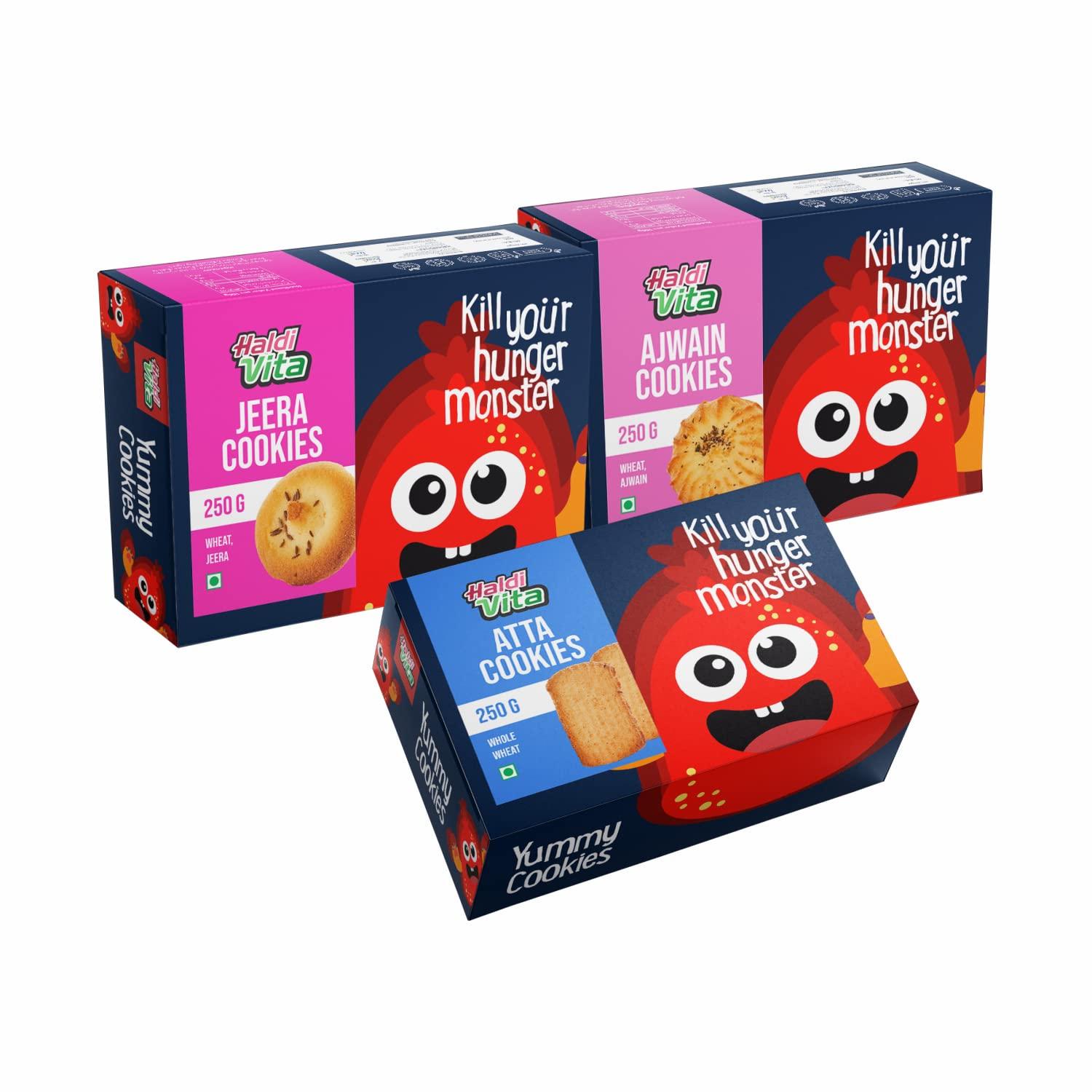 HaldiVita HaldiVita Cookies Biscuits| Biscuits Combo Pack of 3 x 250G each| Jeera, Ajwain & Atta cookies | Cookies Gifts Multipack | Healthy Cookies