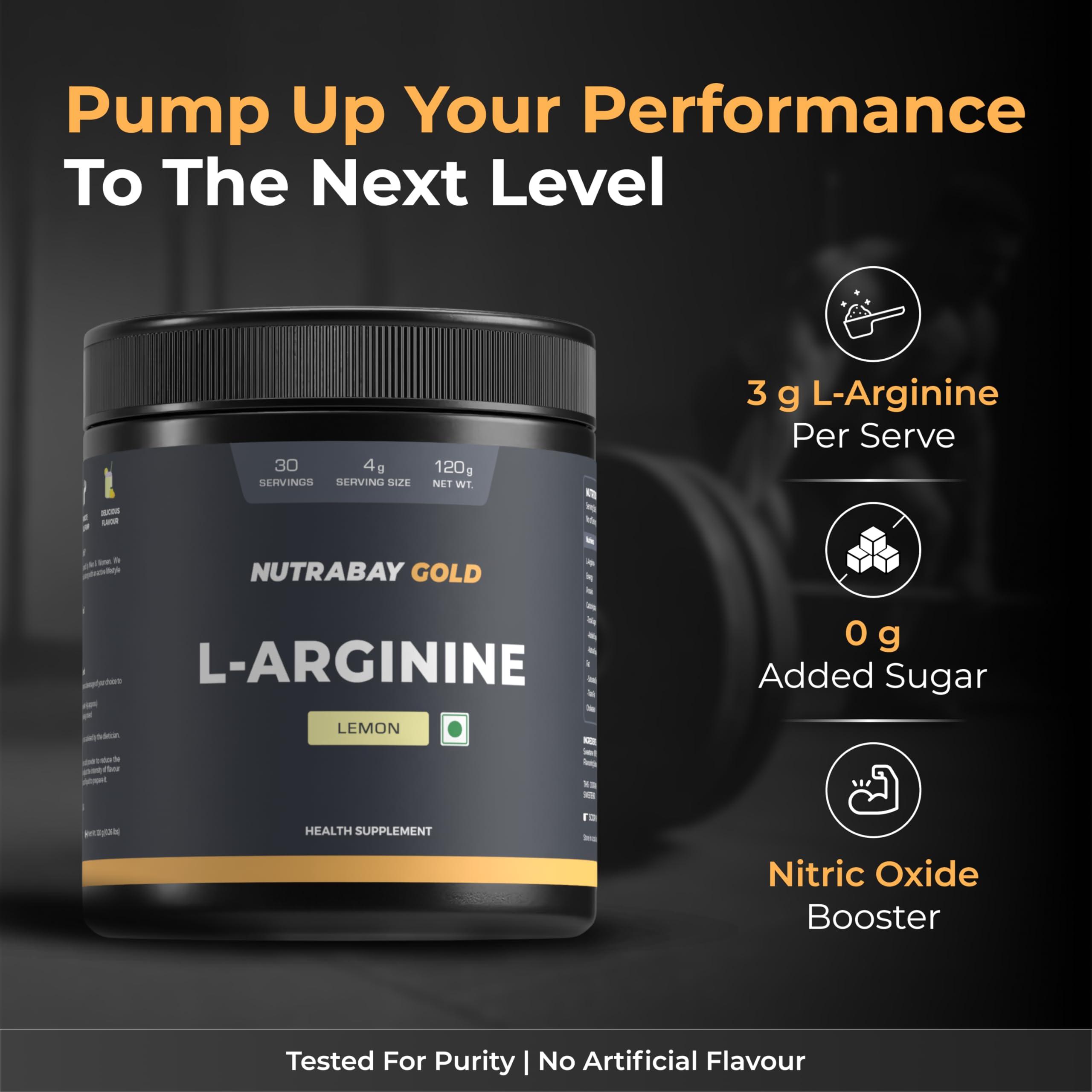 Nutrabay Nutrabay Gold L-Arginine Supplement Powder - 120g, Lemon Flavor | Pre Workout Amino Acid for Endurance, Muscle Building & Faster Recovery