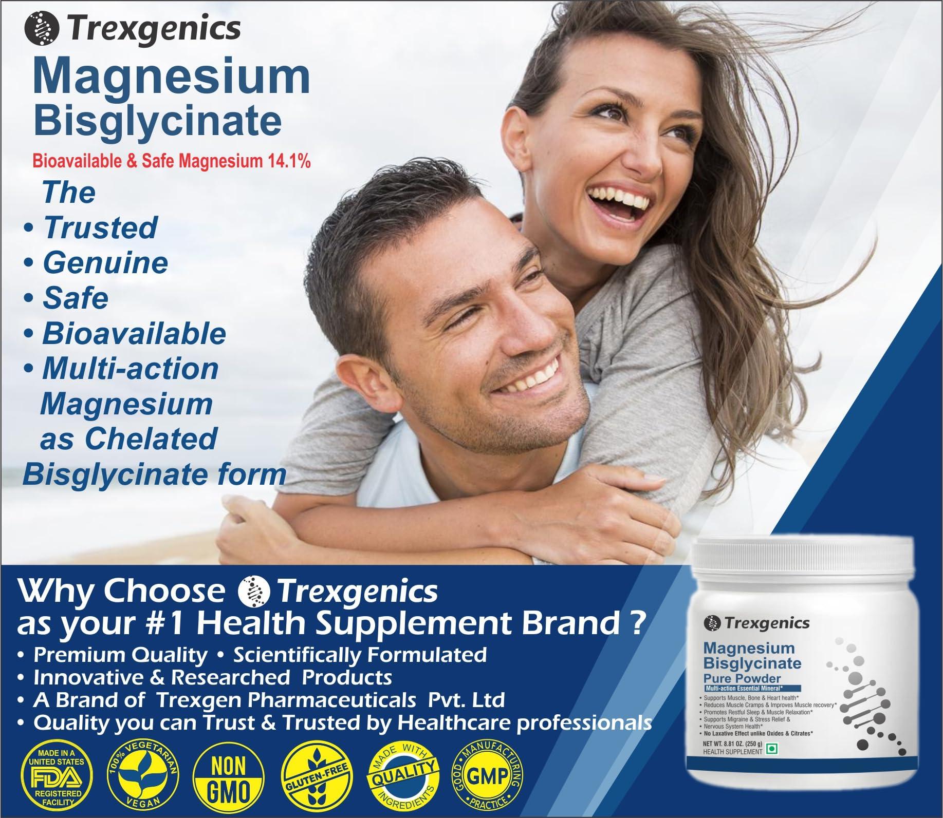 Trexgenics Trexgenics MAGNESIUM BISGLYCINATE PURE POWDER 250 GRAM UNFLAVOURED Heart, Sleep, Bone, Nervous System, Metabolism, Migraine, Relaxation, Stress Support VEGAN & NON GMO (250 gram) (Pack of 1)