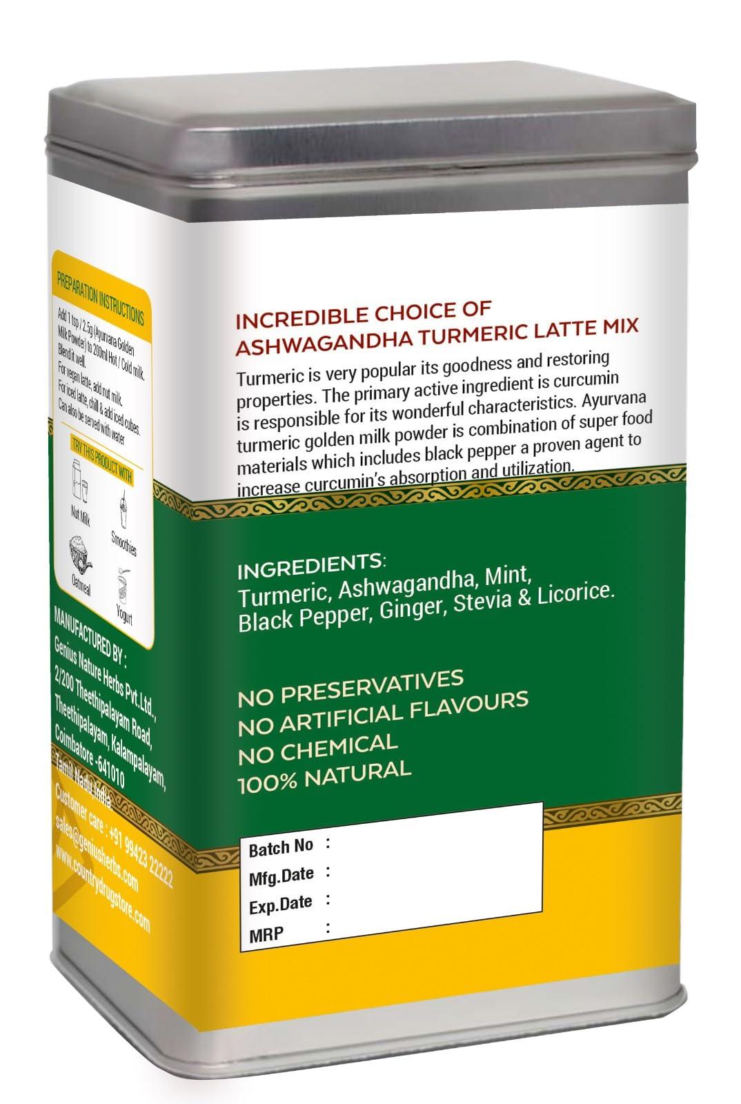 AYURVANA AYURVANA Ashwagandha Turmeric Latte Mix | Golden Milk Powder with Curcumin | Zero Artificial Sugar | 100g | Pack of 1