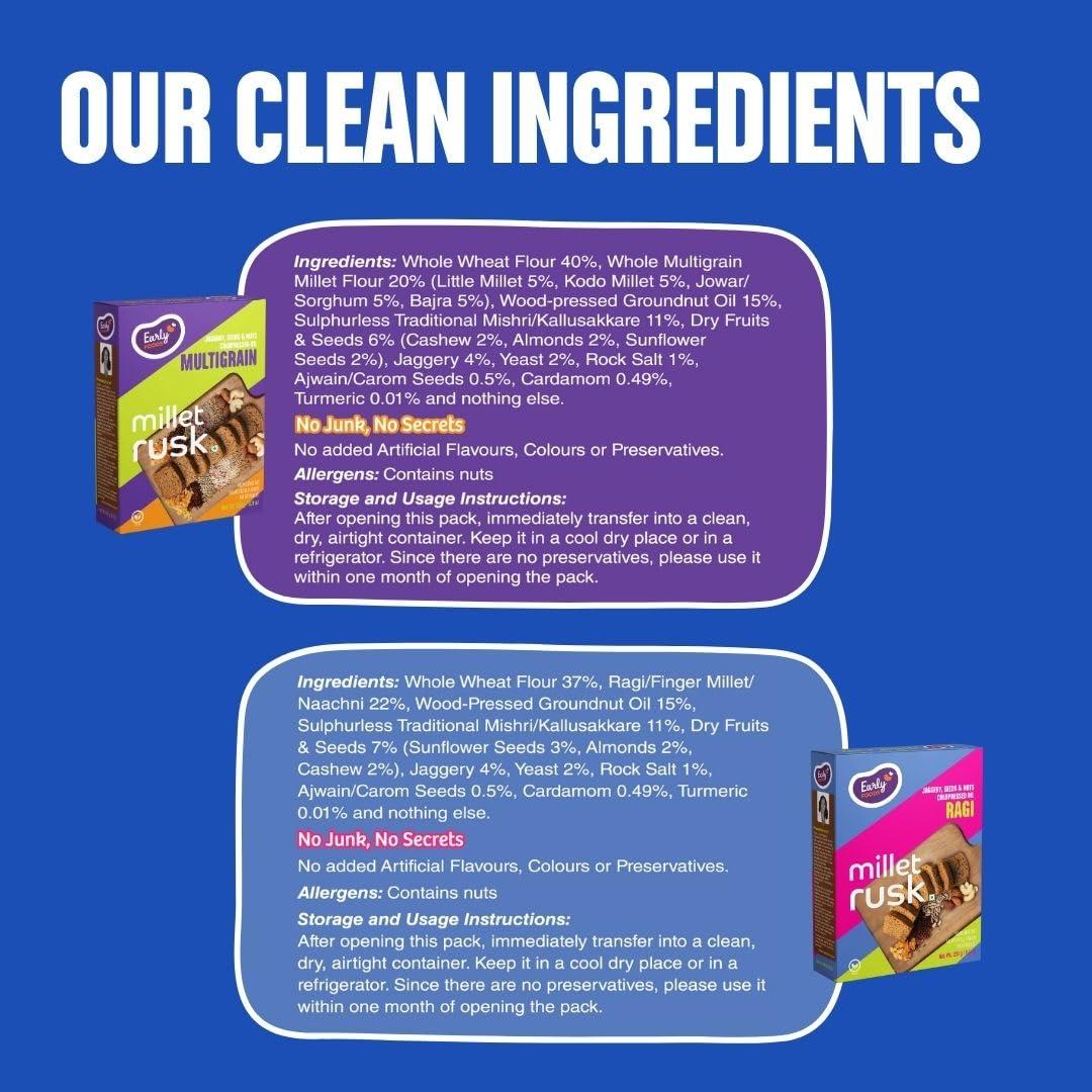 Early Foods Early Foods Assorted Pack of 2: ZERO Maida Ragi Rusk & Multigrain Rusk | Sugarfree Millet Rusk with Jaggery | Millet & Atta Rusk No Maida | Kids Snack | 230g x 2