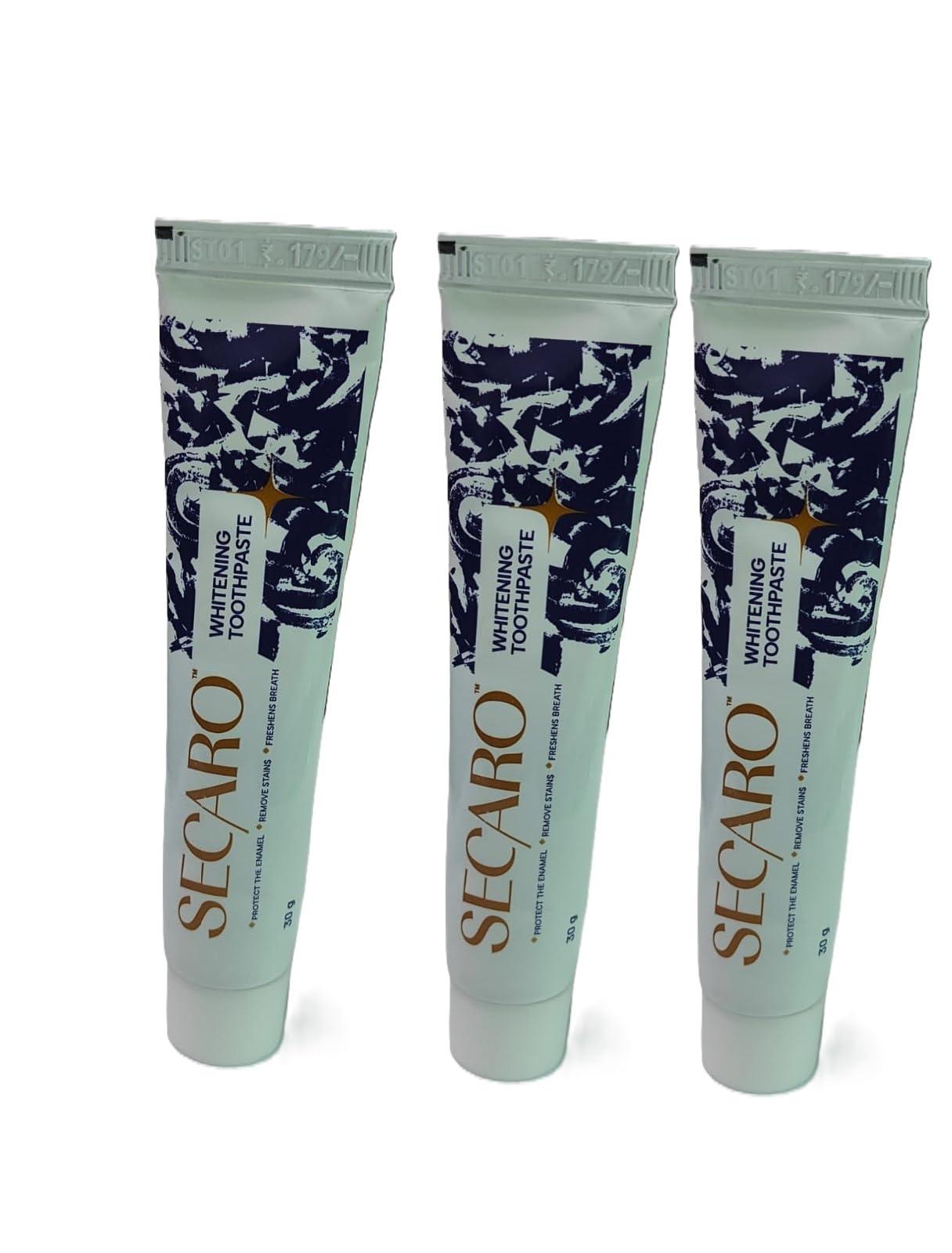 Secaro Secaro Teeth Whitening Toothpaste | Pack of 3 Toothpaste for Fresh Breath | Cleans and Remove the Yellow Stains from Teeth | Cool Blue Color Toothpaste for Teeth Sensitivity | 30gm Each