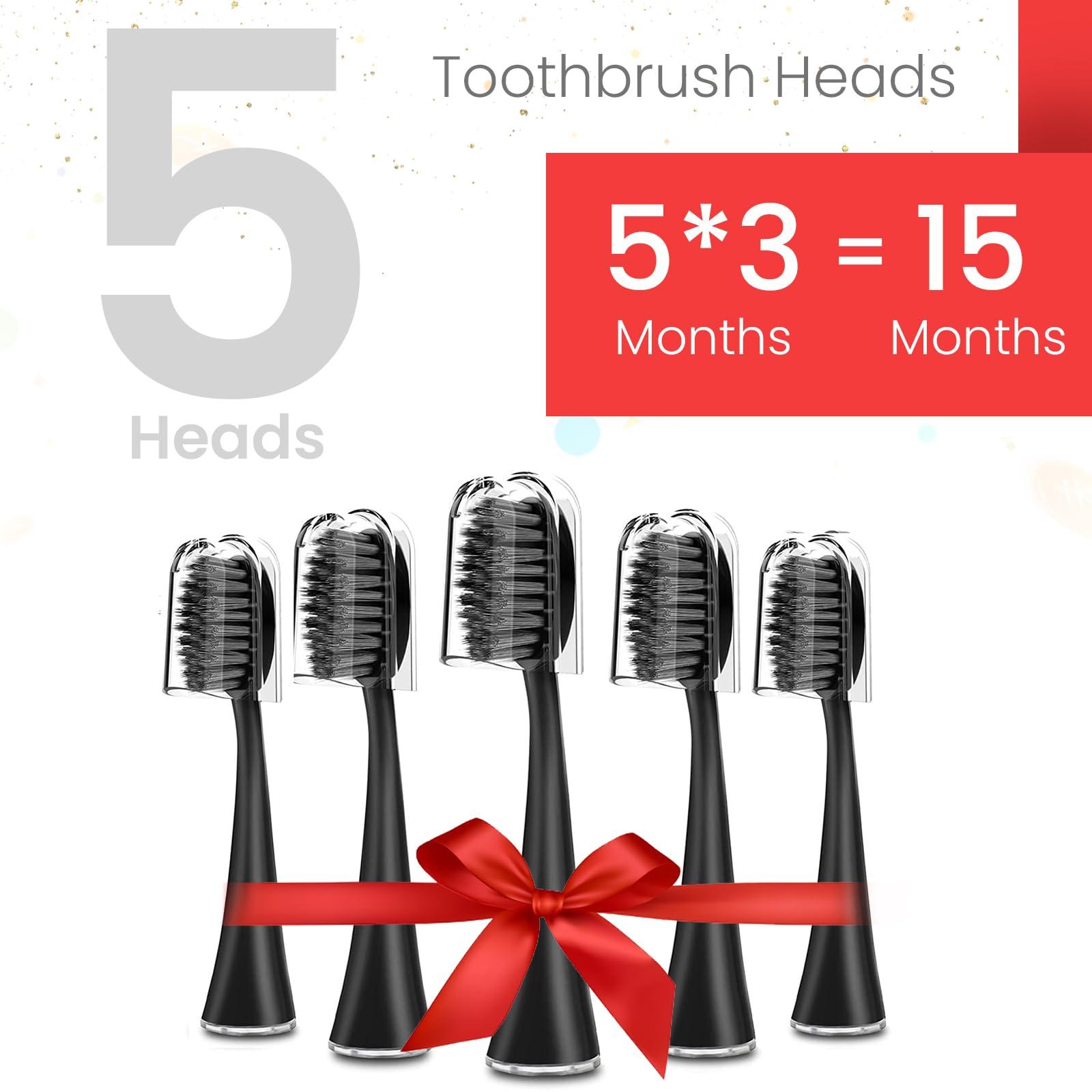 Harobey Replacement Toothbrush Heads for Burst Sonic Toothbrush with Dust Cover Caps, Charcoal Soft Bristles, 5 Counts, Black