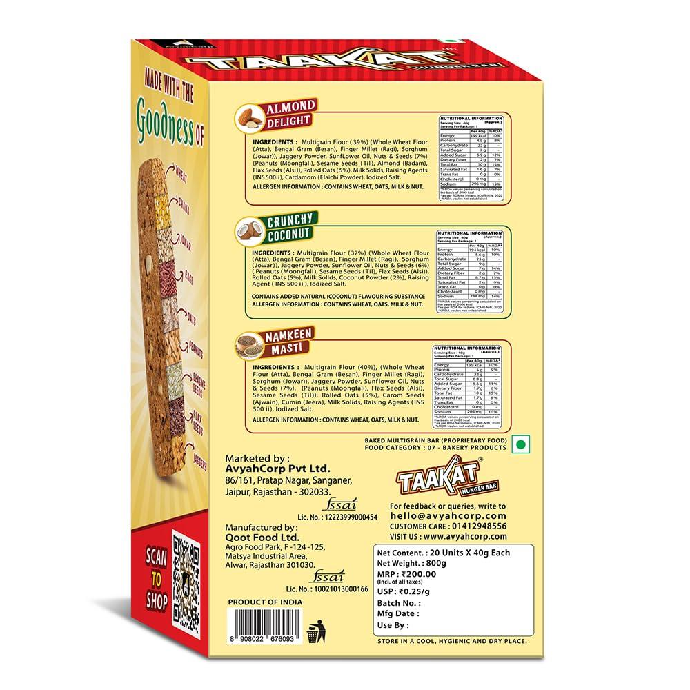Taakat Hunger Bar Taakat Hunger Bar - Assorted Box of 20 bars (10 bars of Almond Delight, 5 bars of Namkeen Masti and 5 bars of Crunchy Coconut) | Multigrain | Nuts & Seeds | Pure Jaggery | Source of Protein & Fiber | No Maida | No Palm Oil | No Refined Sugar | Baked