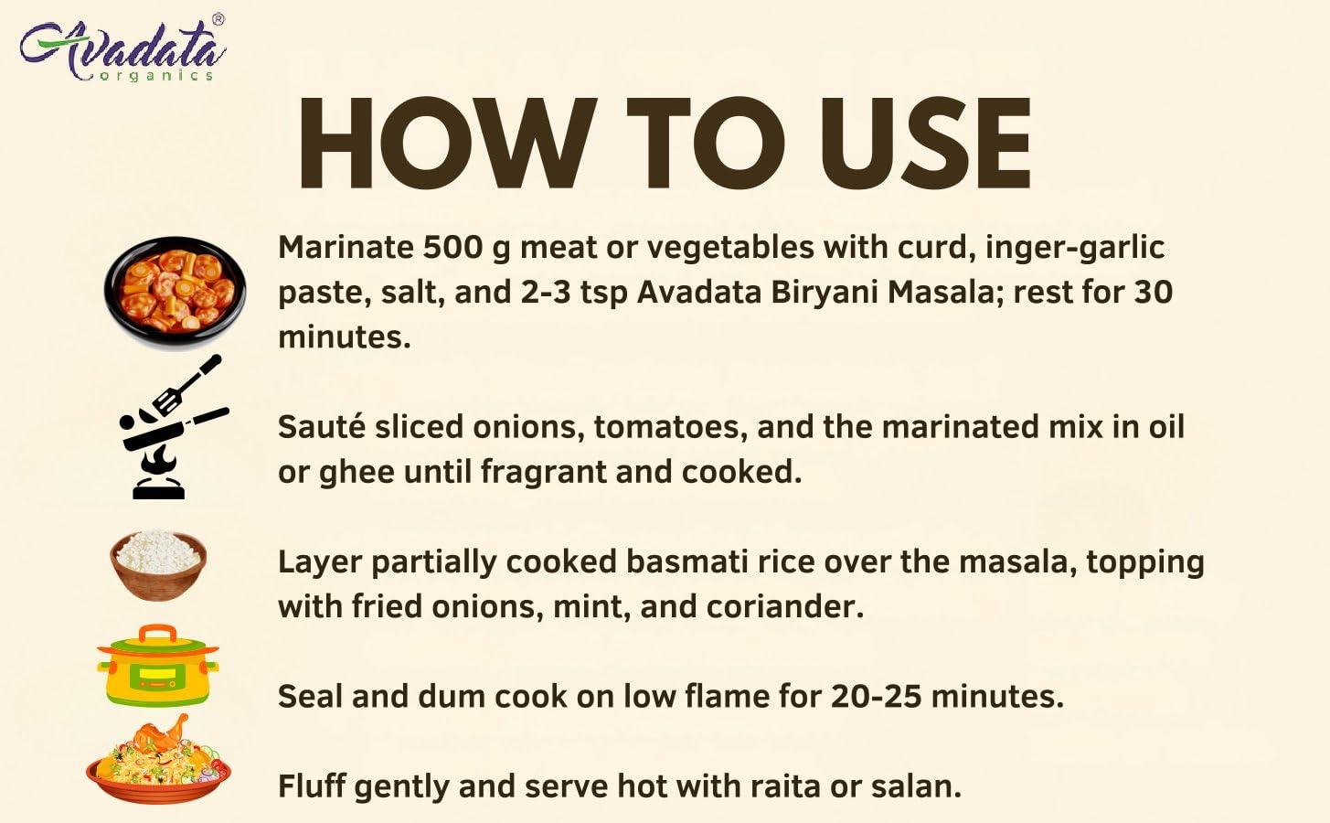 AVADATA ORGANICS - The healthy way of life Avadata Organics Biryani Masala - 50gm Hyderabadi Style| Unique Blend of Spices for Earthy Aroma & Rich Taste | Spice for Regional & Traditional Recipes | Hygienically Packed | No Preservatives (Pack of 3)