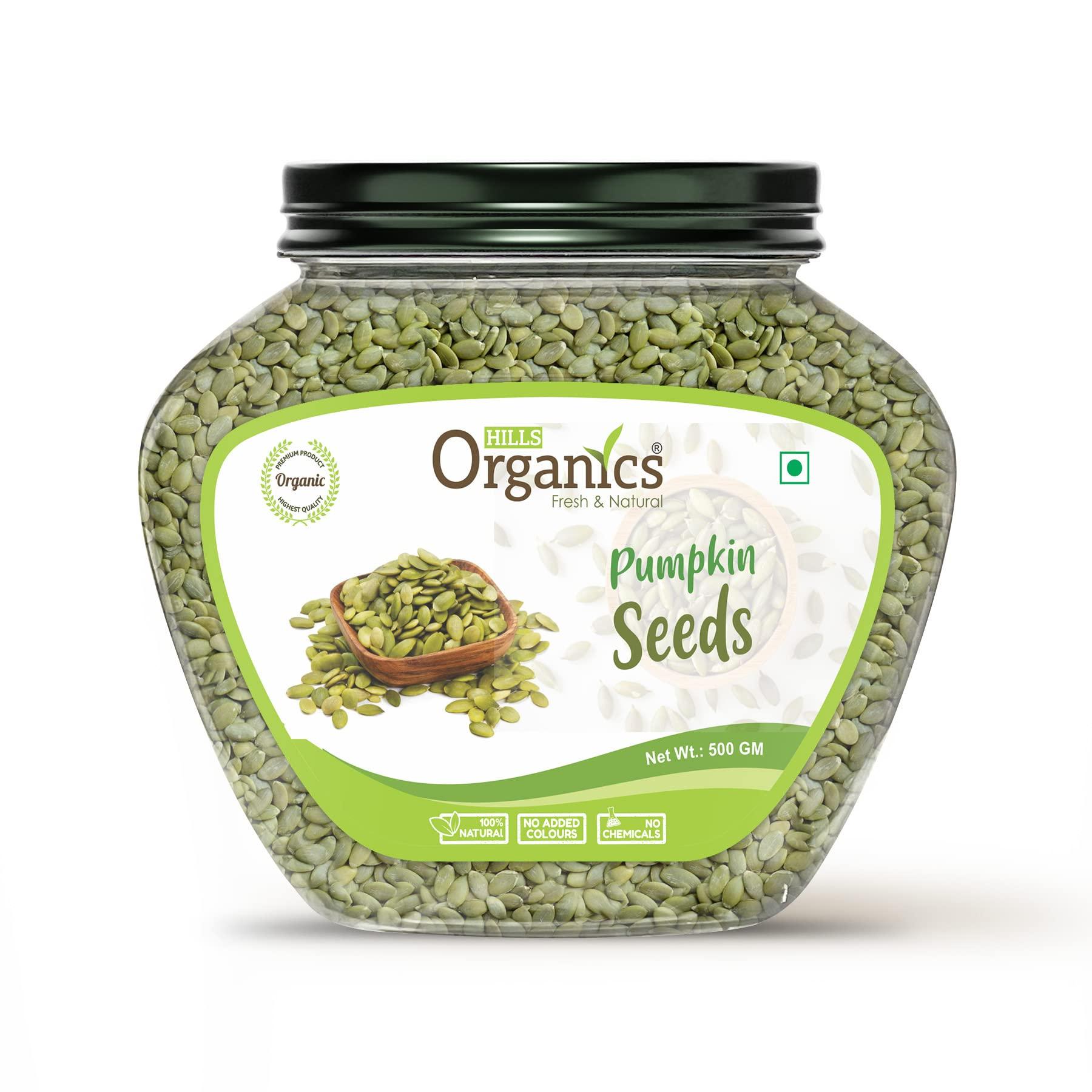 HILLS ORGANICS HILLS ORGANICS Raw Pumpkin Seeds - 500G l 100% Fresh Natural Rich in Protein & Fiber, Gluten Free Dry Fruits & Nuts Pumpkin Seeds - Jar Pack