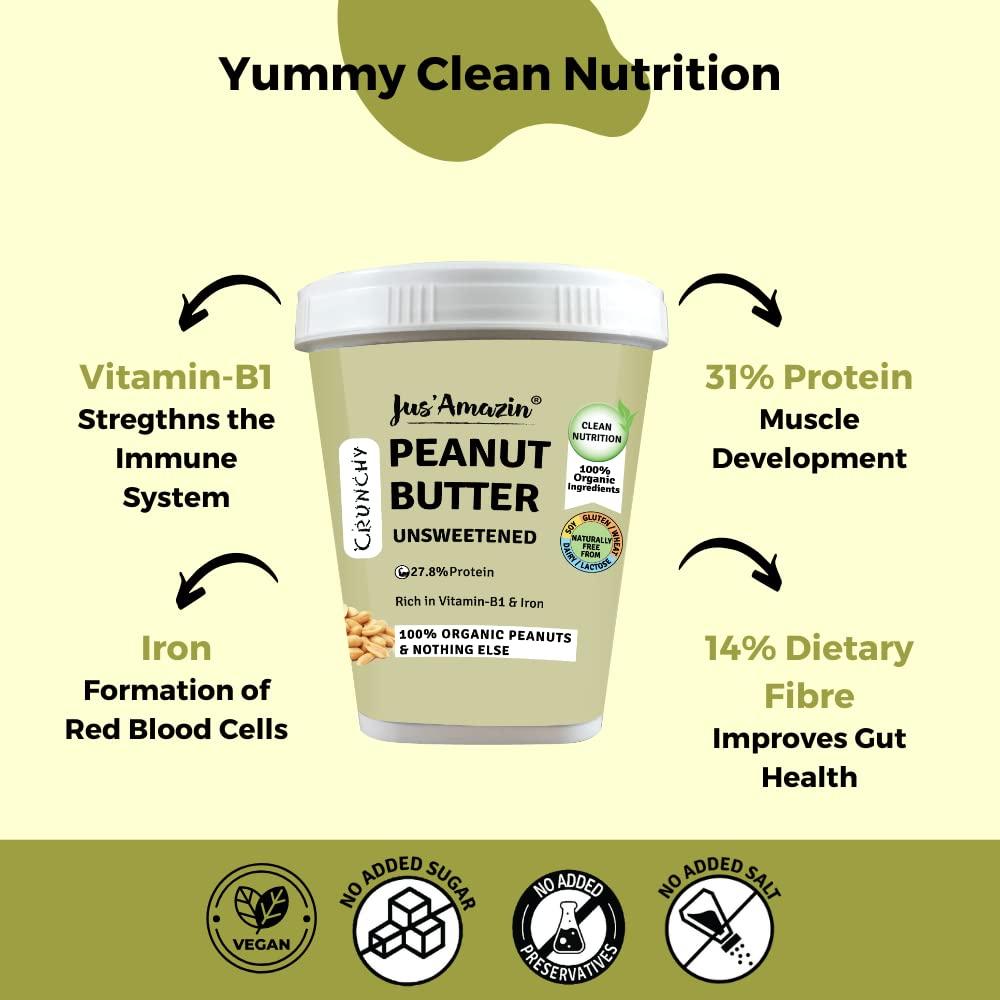 Jus' Amazin Jus\' Amazin Crunchy Peanut Butter - Unsweetened | 27.8% Protein | Single Ingredient - 100% Peanuts (no added Sugar/Salt) | Vegan | Dairy Free | Keto (Organic Peanut Butter Crunchy, 1 kg (Pack of 1))