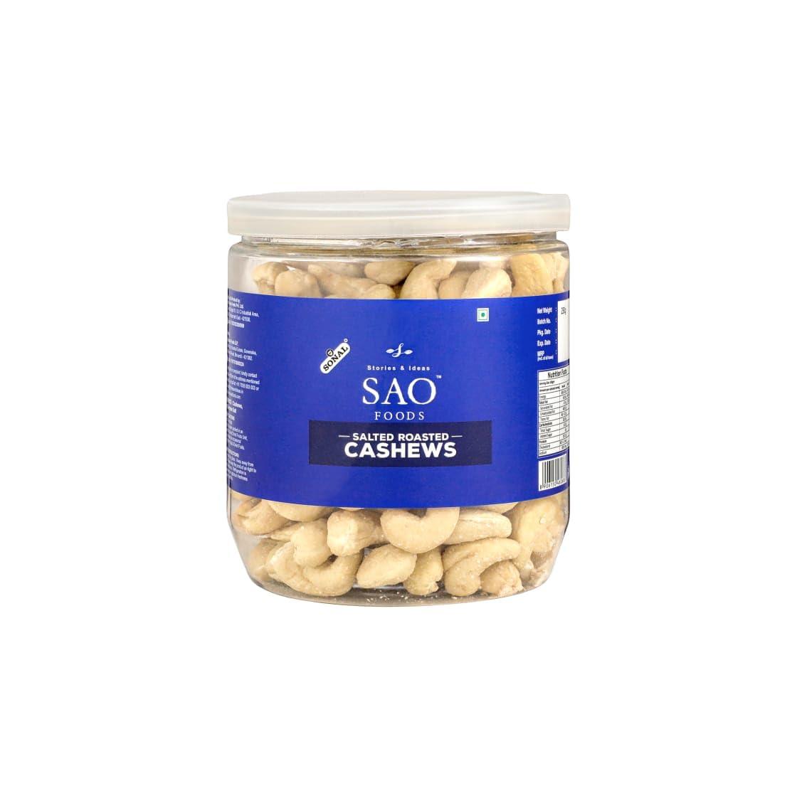 Stories & Ideas SAO Foods Sao Foods Freshly Roasted & Salted Cashews PET Jar 250 gm, Nutrient-Rich, Healthy Snack, Handpicked Cashews, Wholesome and Satisfyingly Crunchy, Gluten-free cashews, Healthy Dry Fruits, High Protein & Fiber, Perfect for Snacking