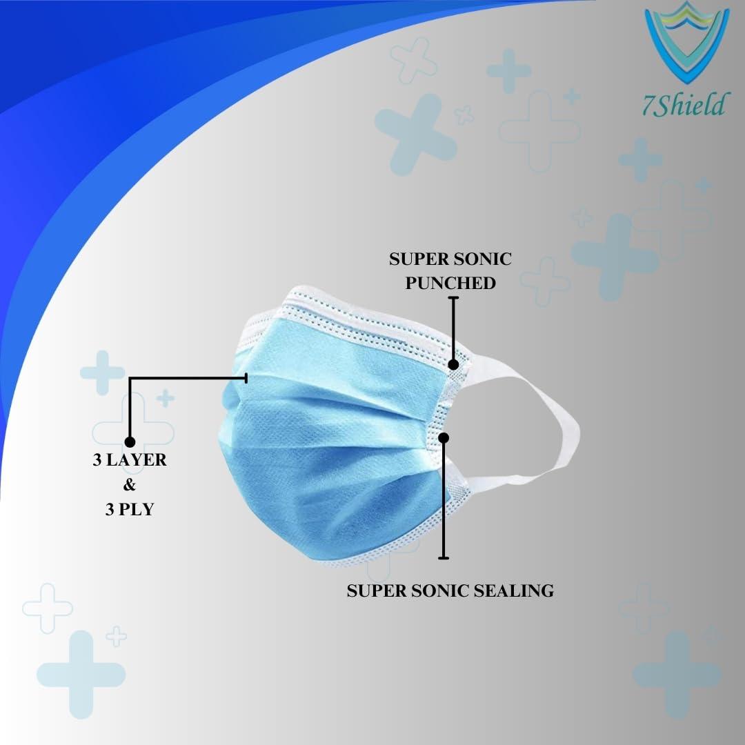 7Shield 7Shield Disposable Surgical 3Ply Unisex mask With Soft fabric ear loop for extra comfort Blue Surgical mask With Inbuilt Plastic Nose pin and CE and ISO Certified mask (Blue-200 pc)
