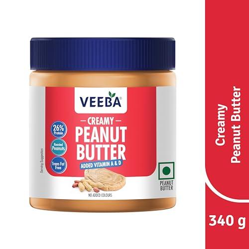 VEEBA Veeba Peanut Butter Creamy | Smooth | High Protein | Naturally Gluten Free | Vegan | Trans Fat Free | No Added Preservatives | Added Calcium, Iron, Vitamin A & D | No Added Colour & Flavour | Non GMO | 340 g