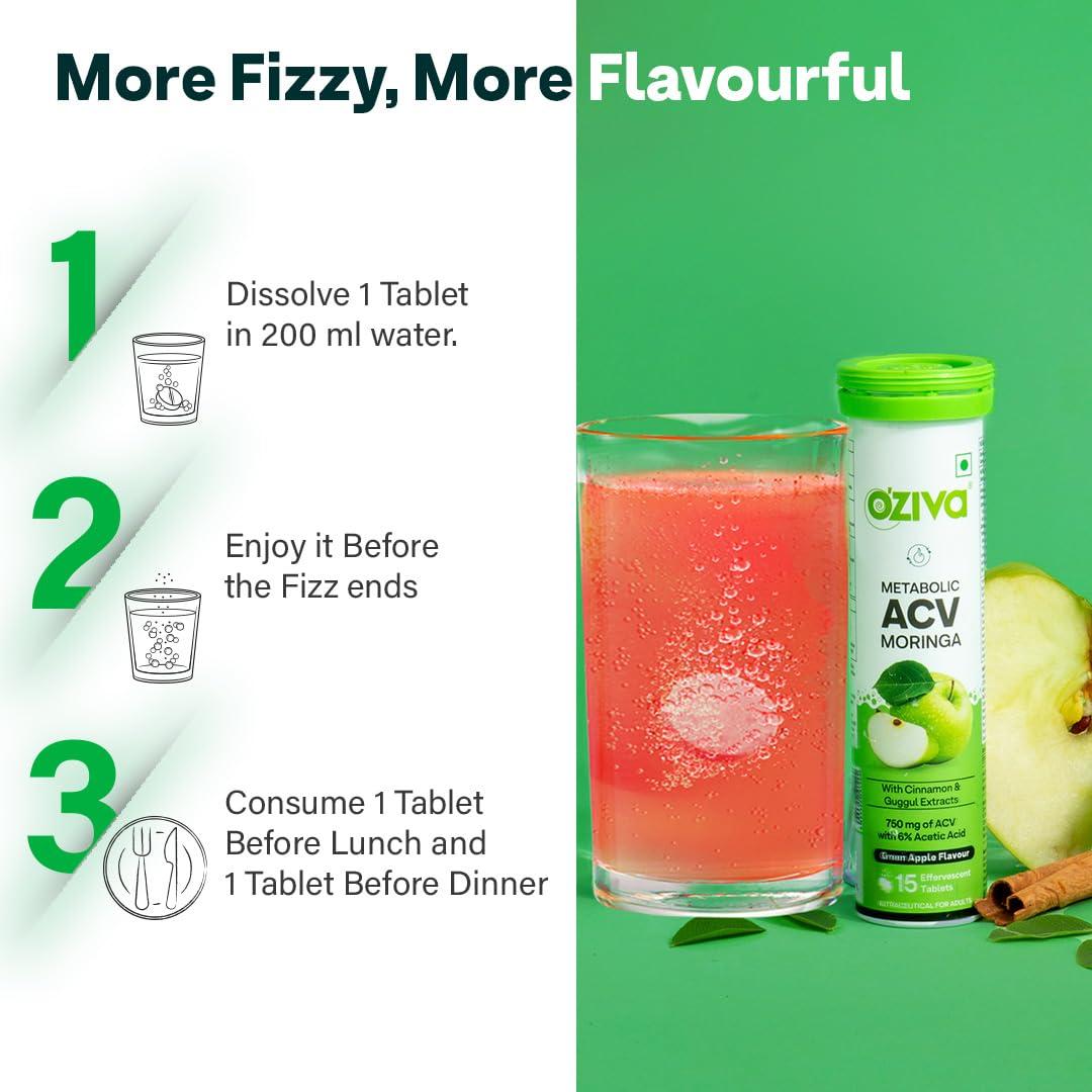 OZiva OZiva ACV Moringa | Control Cravings I Apple Cider Vinegar, Cinnamon, Guggul I No Maltodextrin & No Added Sugar I 15 Effervescent Tablets - Green Apple, Pack of 8 (120 Tablets)