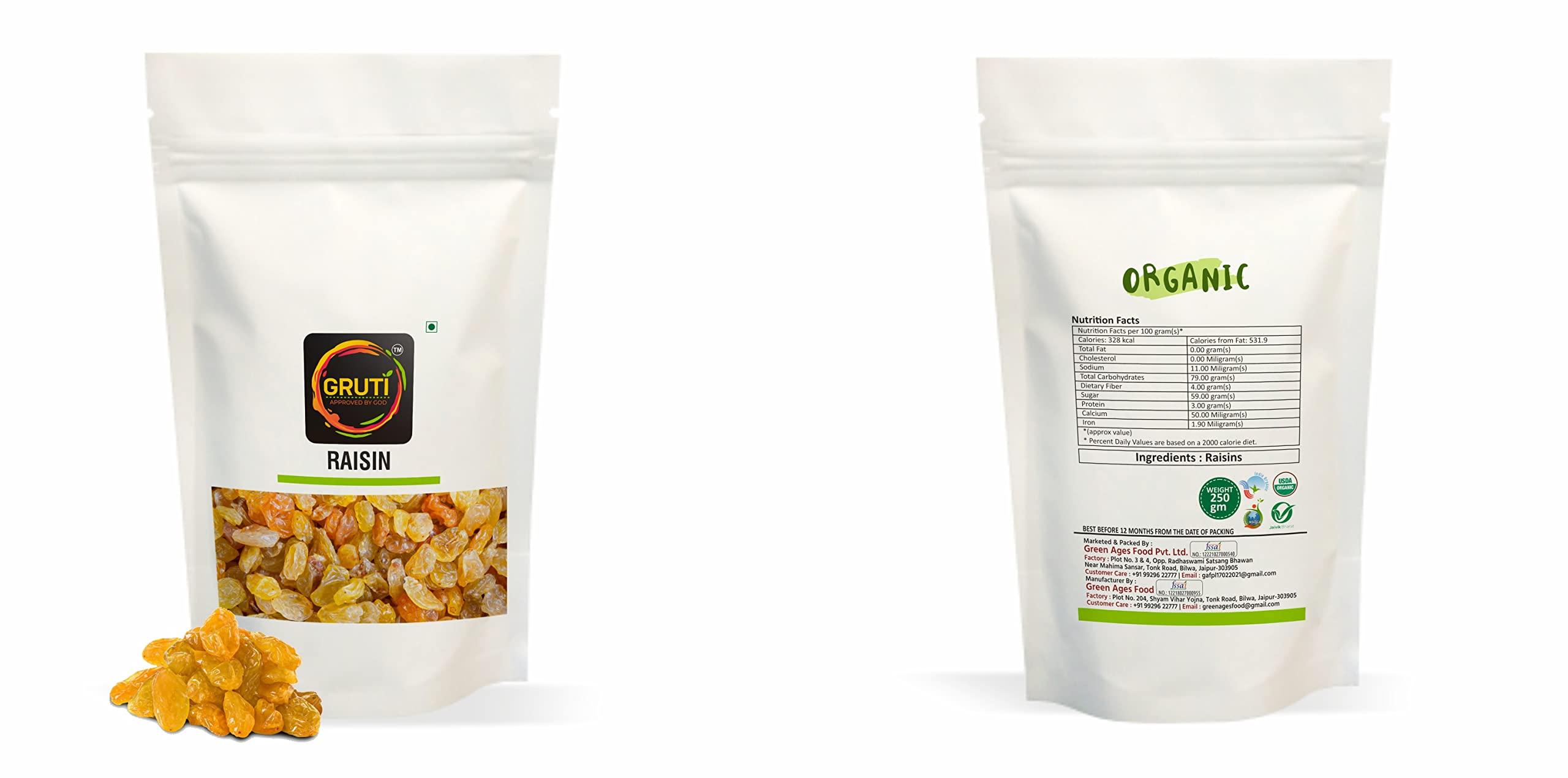 GRUTI Gruti Organic Popular Raisins (Rasine), 250g - Kishmish | Saugi | Kishmish Dry Fruits, Raisins Seedless, 250g